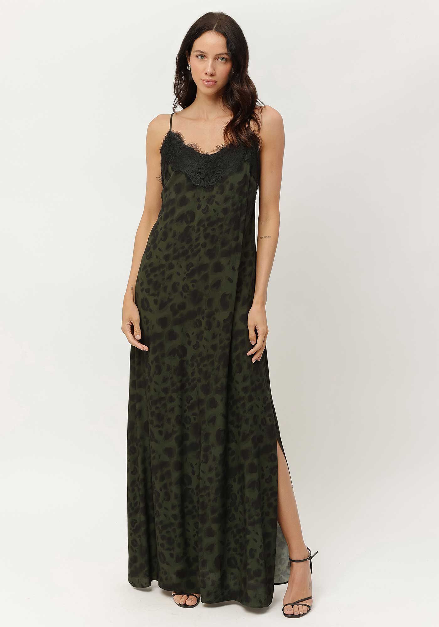 Vestido Longo Slip Estampado em Viscose com Renda, , large.