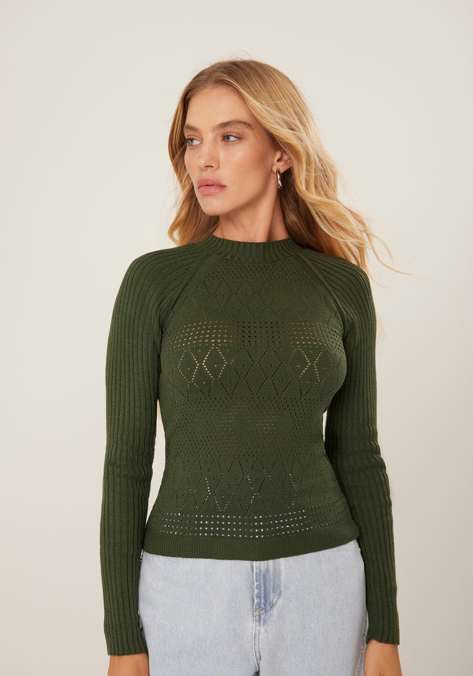Blusa Manga Longa em Tricô com Detalhe Trama, VERDE IMENSIDAO. Blusa Manga Longa em Tricô com Detalhe Trama, VERDE IMENSIDAO, large.