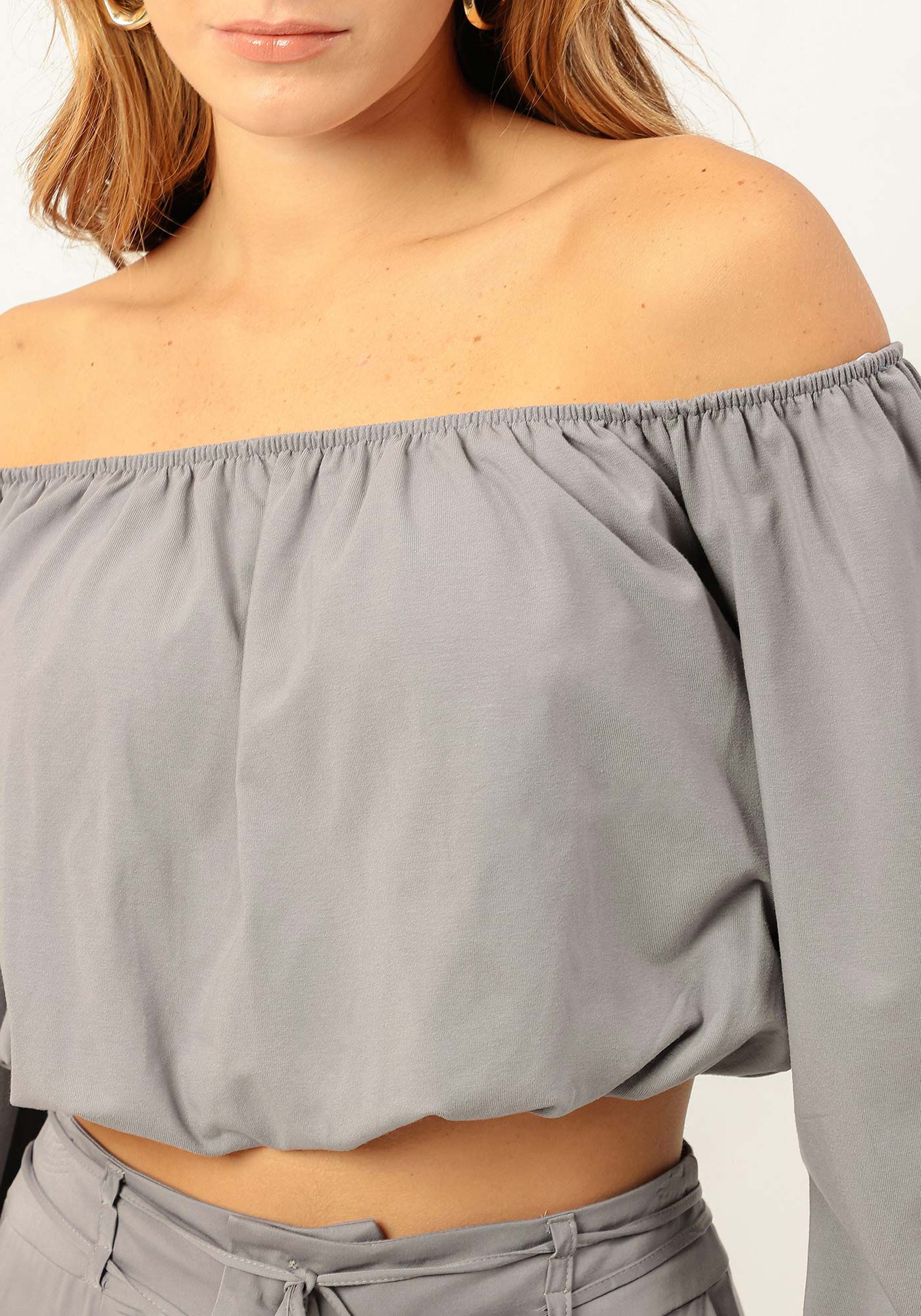 Blusa Manga Longa Cropped Ombro a Ombro, CINZA LAVANDER BLUSH, large.