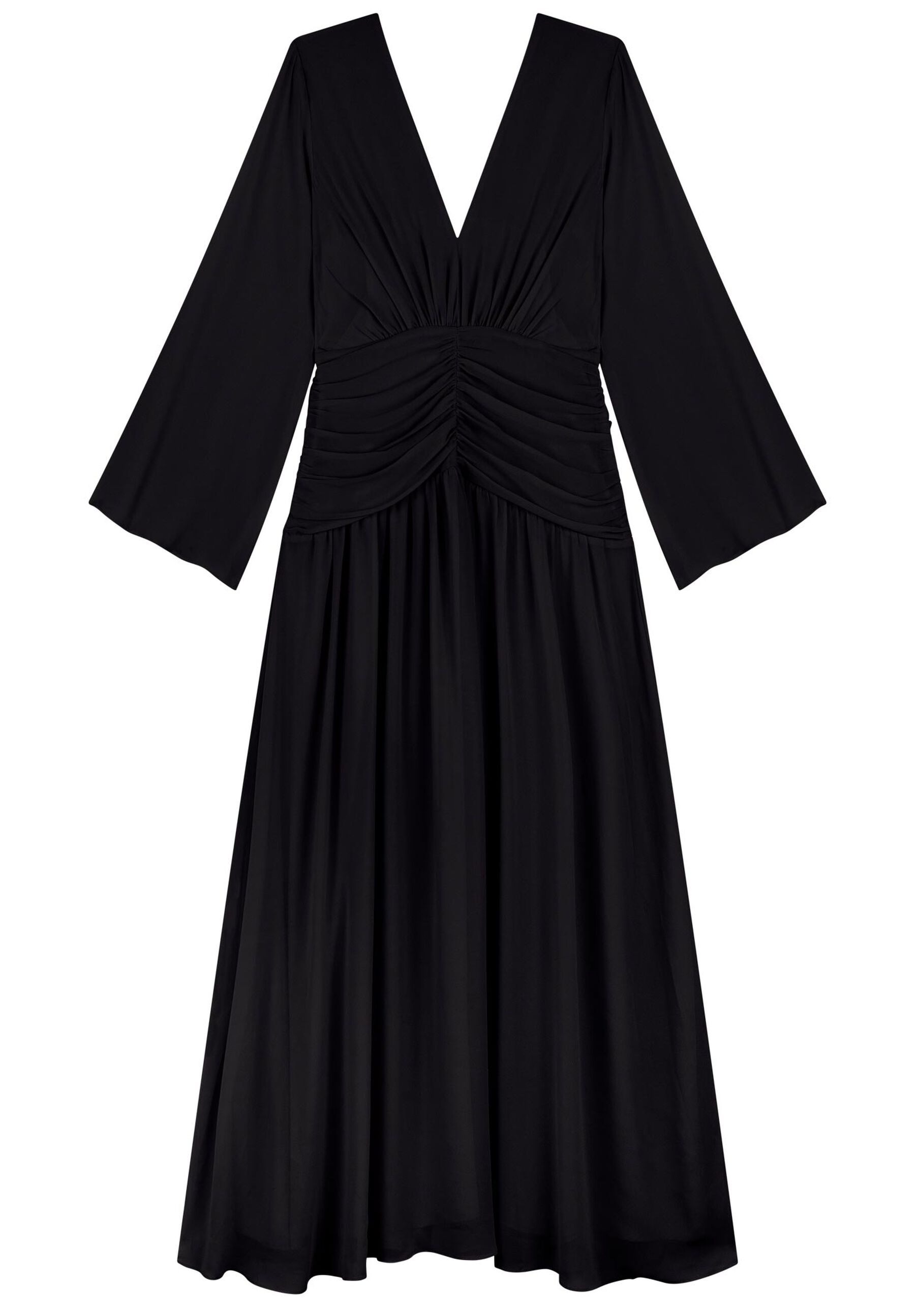 Vestido Longo Franzido Com Mangas Fluidas E Decote Em V, . Vestido Longo Franzido Com Mangas Fluidas E Decote Em V, , large.