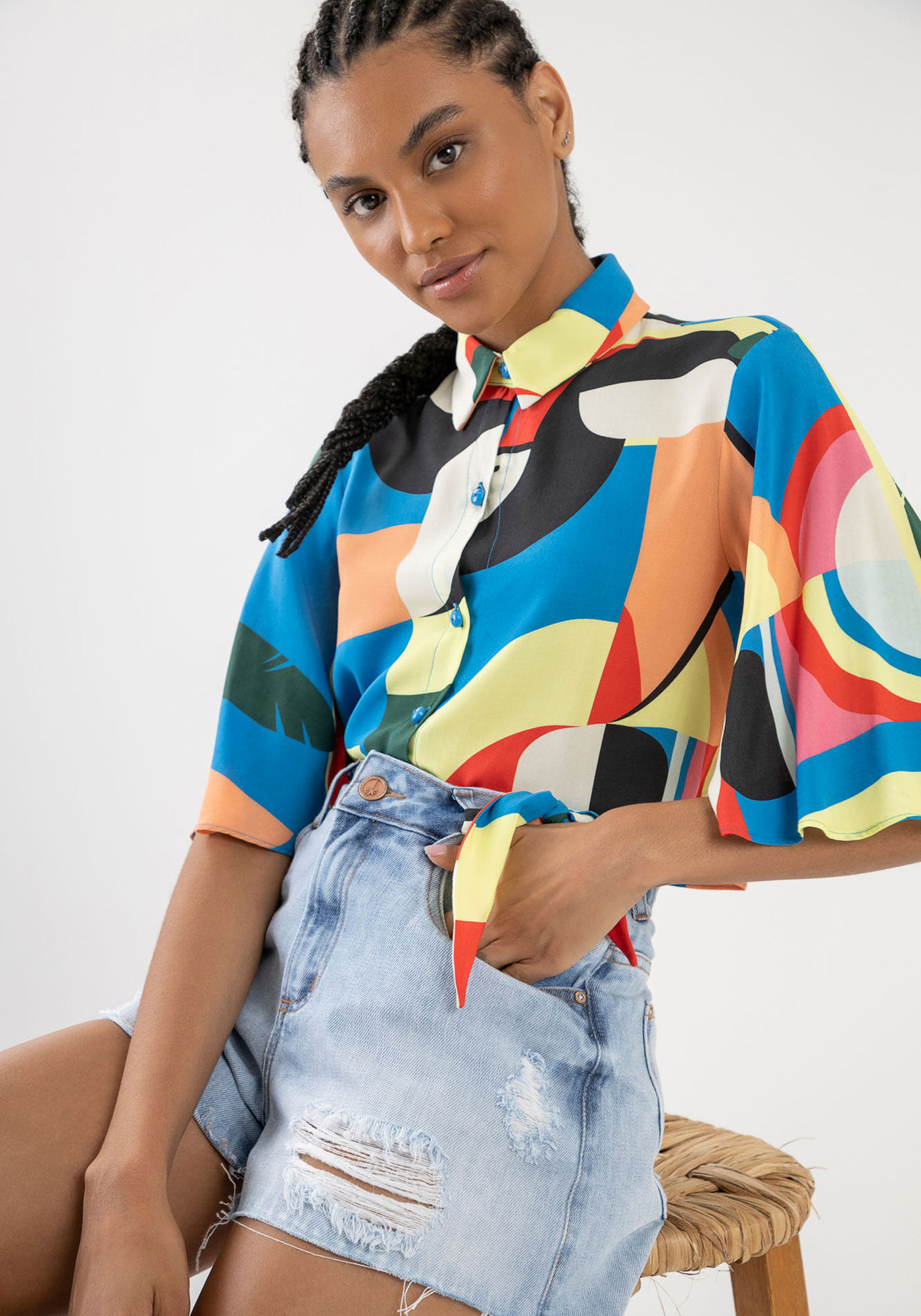 Shorts Jeans Linha A com Len&ccedil;o Estampado, JEANS, large.