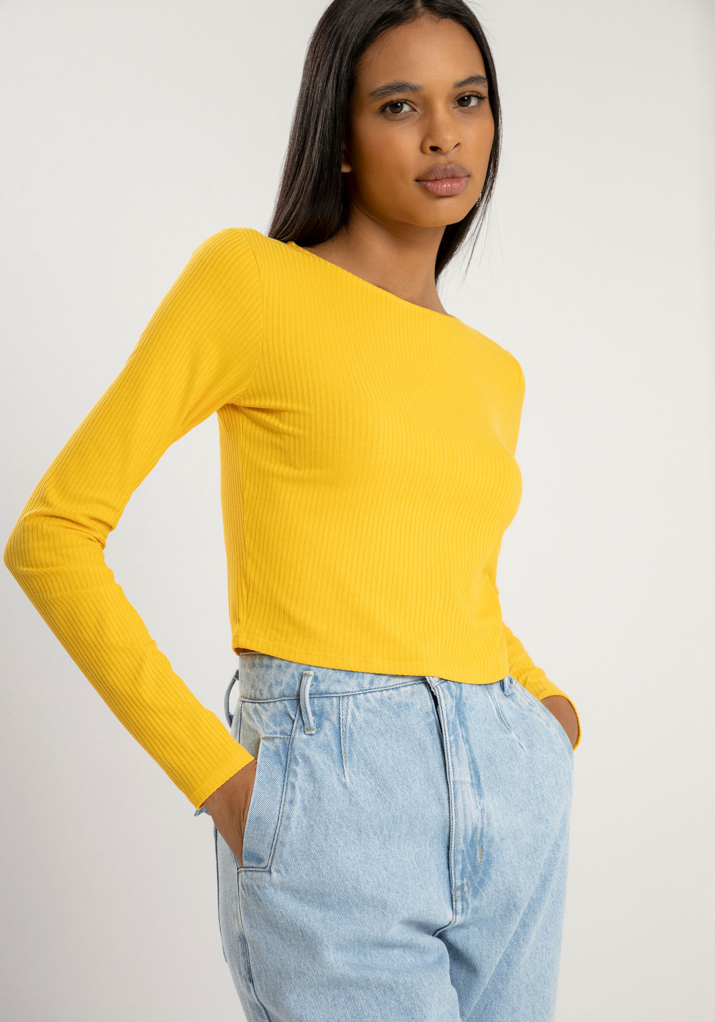 Blusa Manga Longa Canelada Cropped, , large.