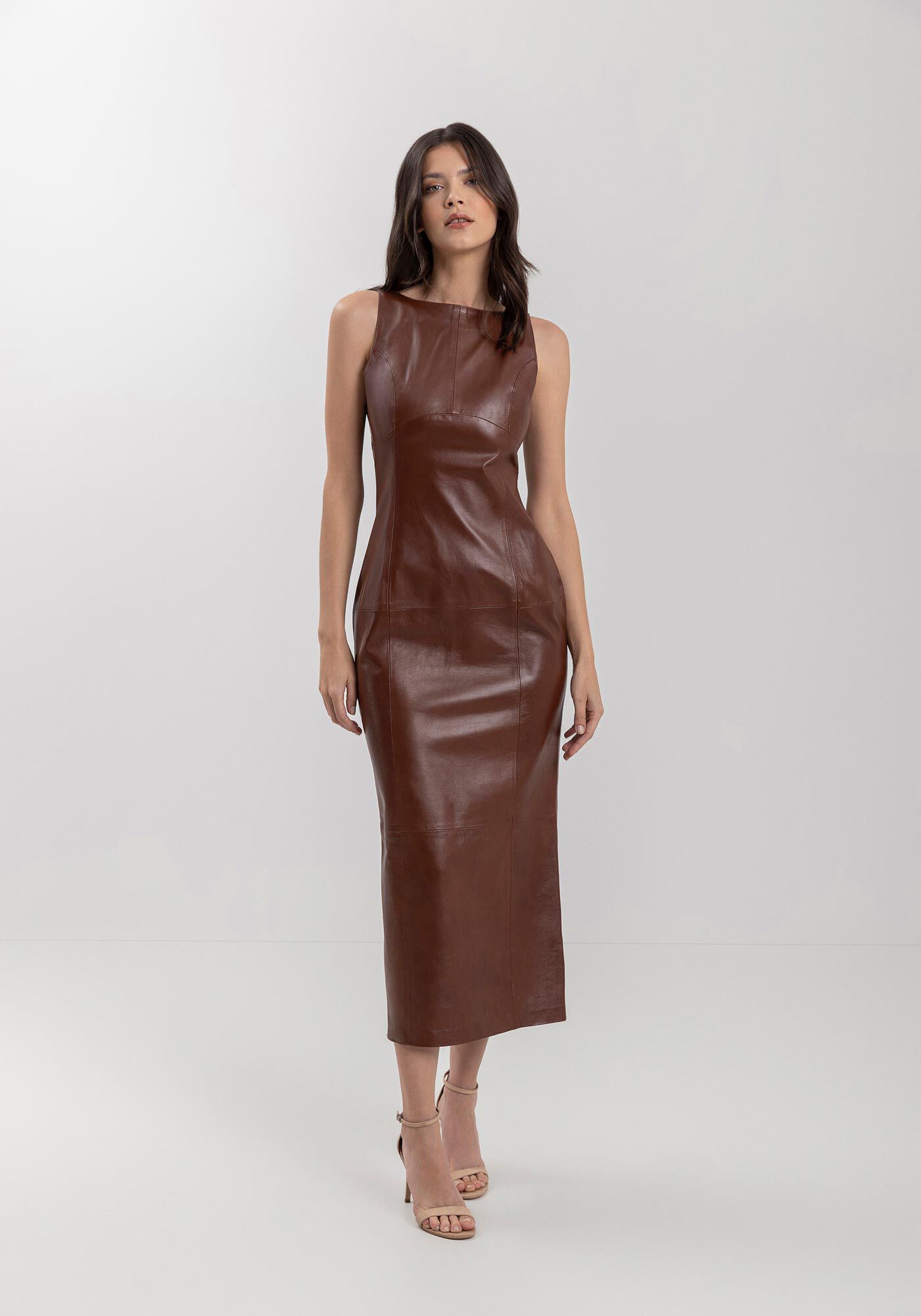 Vestido Midi Ch&aacute; Em Couro Com Z&iacute;per Posterior, MARROM CHOCOLATE, large.