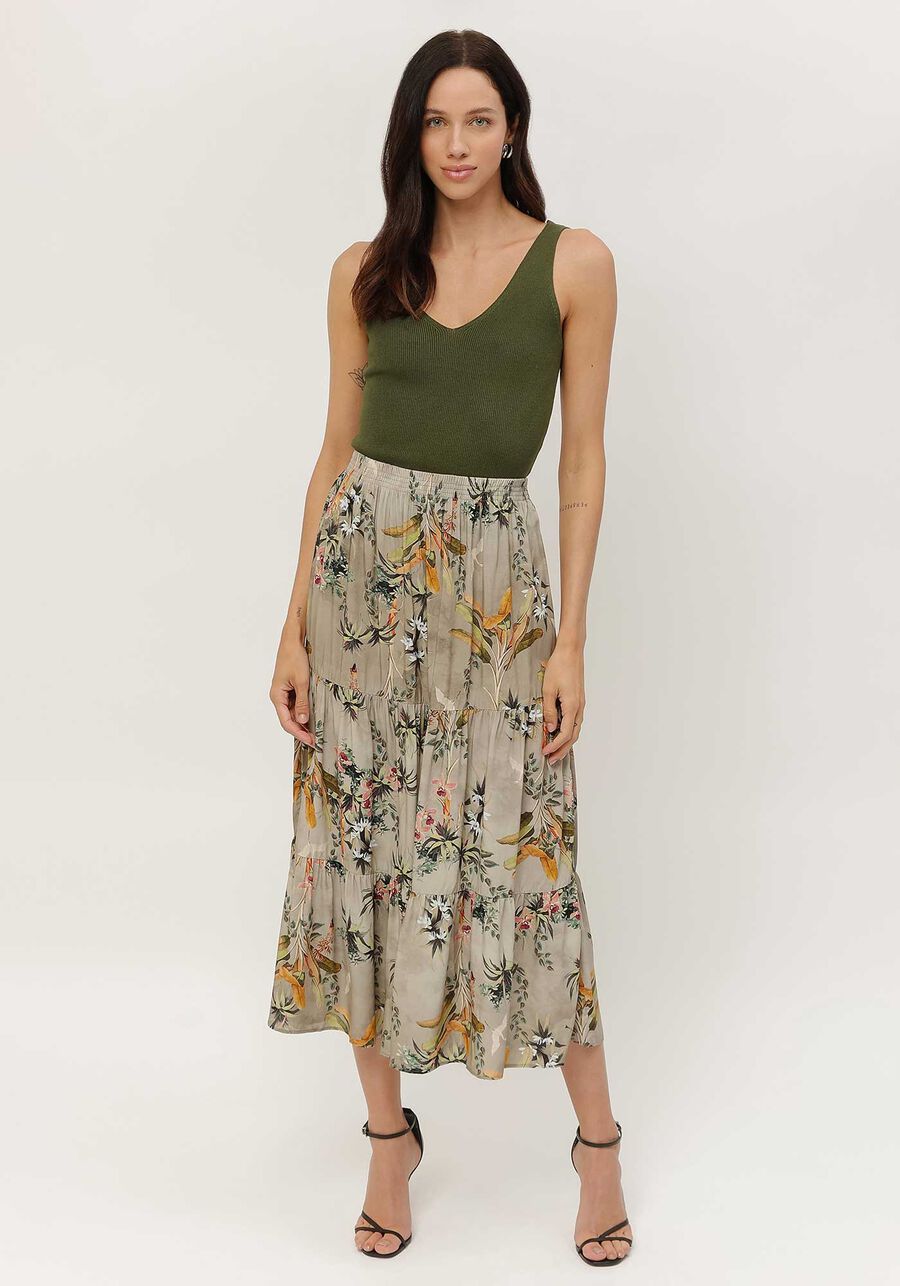 Saia Midi Estampada em Viscose com Babados, . Saia Midi Estampada em Viscose com Babados, , large.