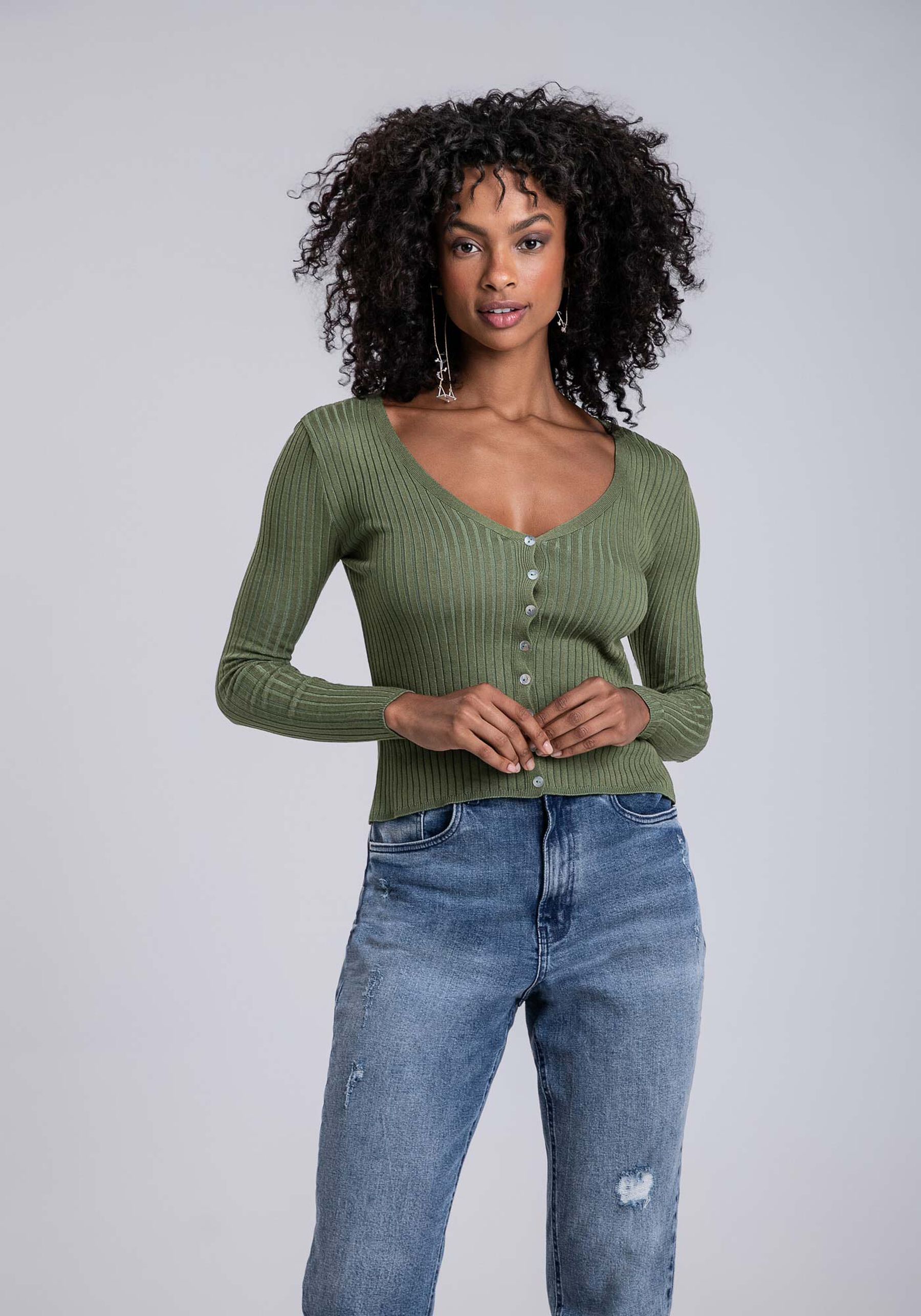 Cardigan em Tricô com Decote V e Botões, . Cardigan em Tricô com Decote V e Botões, , large.