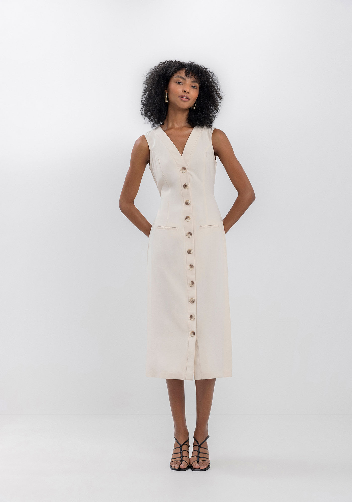 Vestido Midi Ch&aacute; Em Alfaiataria Com Amarra&ccedil;&atilde;o Na Cintura, , large.