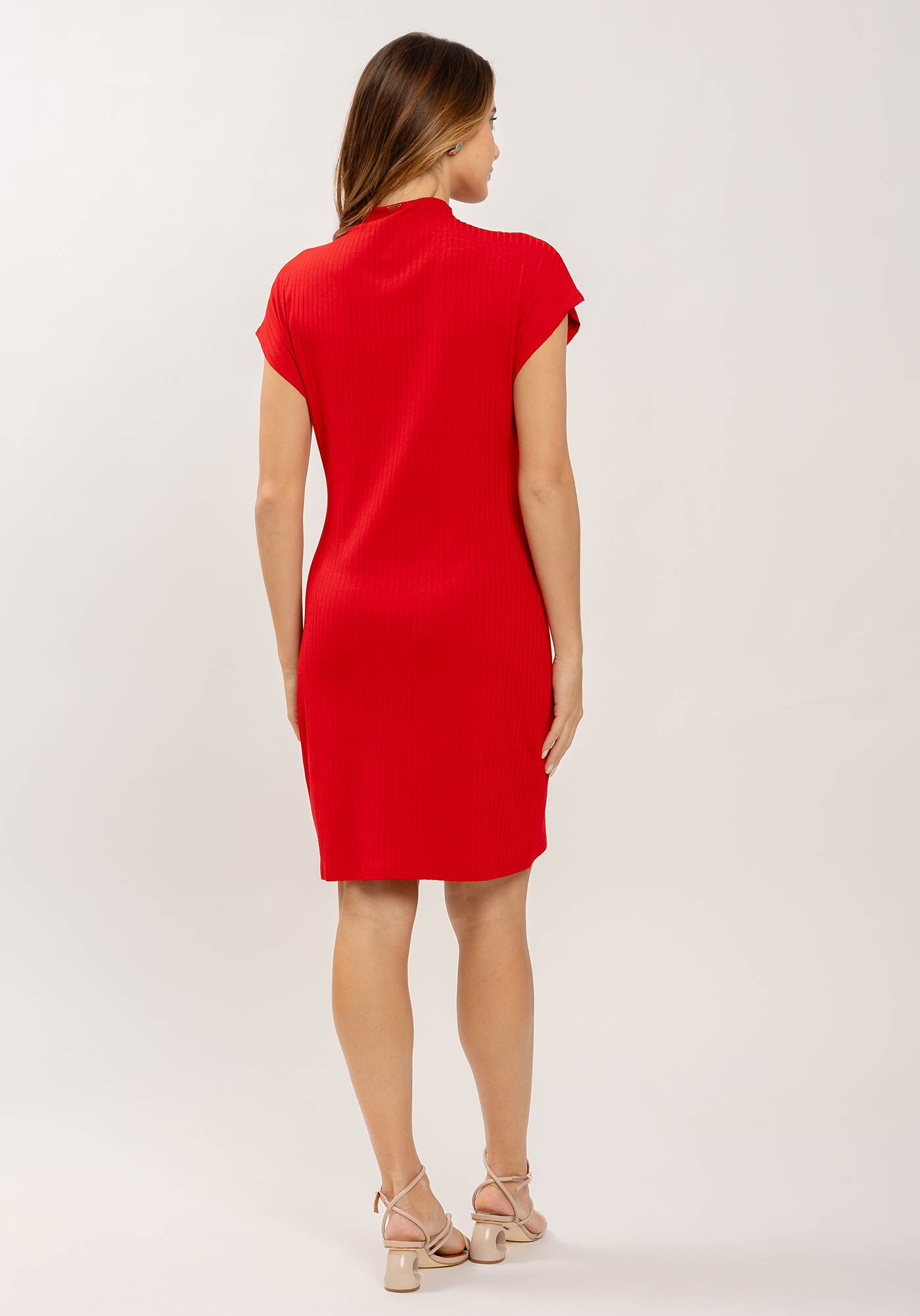 Vestido Curto Canelado com Gola Alta, , large.