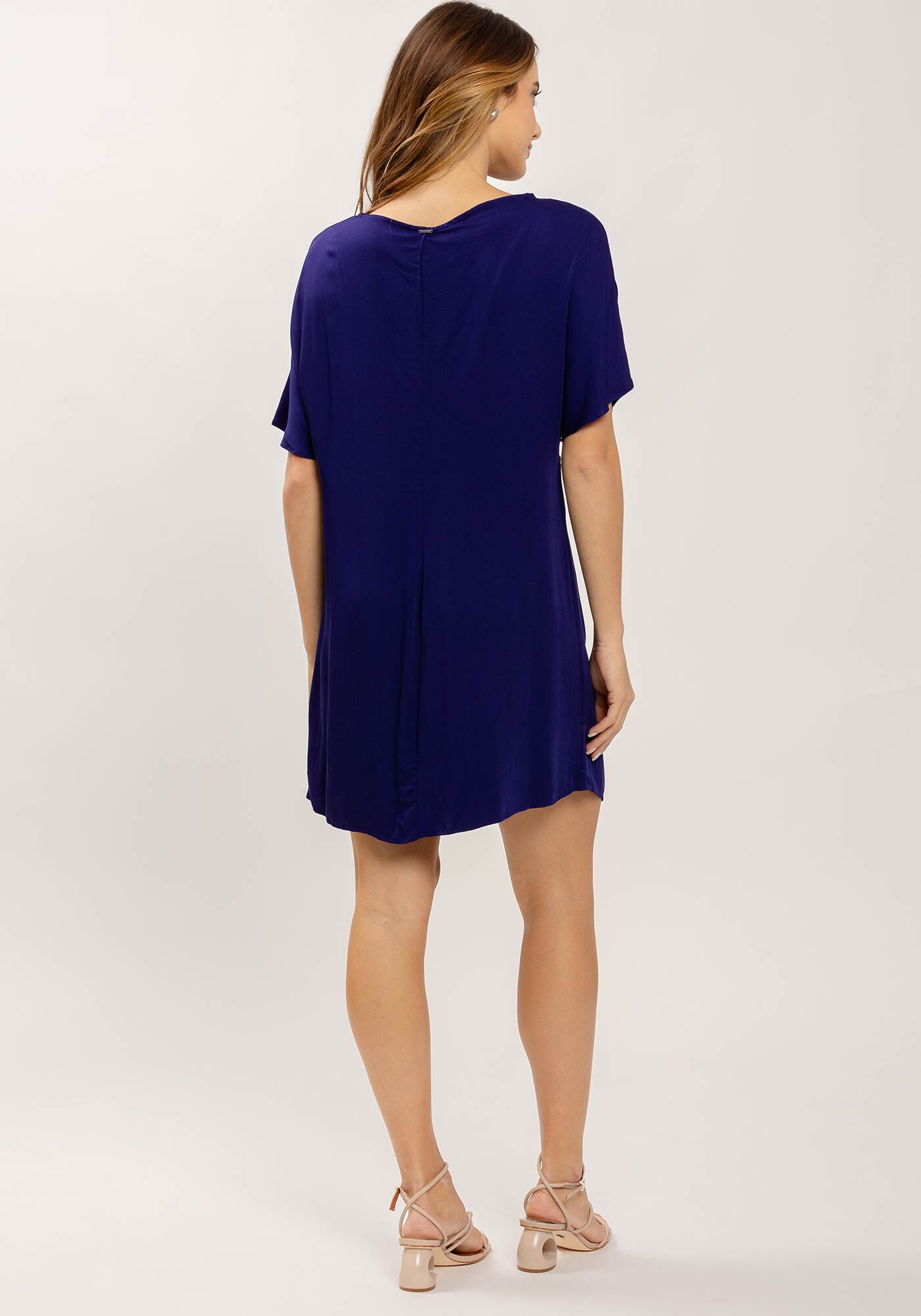 Vestido Curto Manga Curta com Pregas Decote, , large.