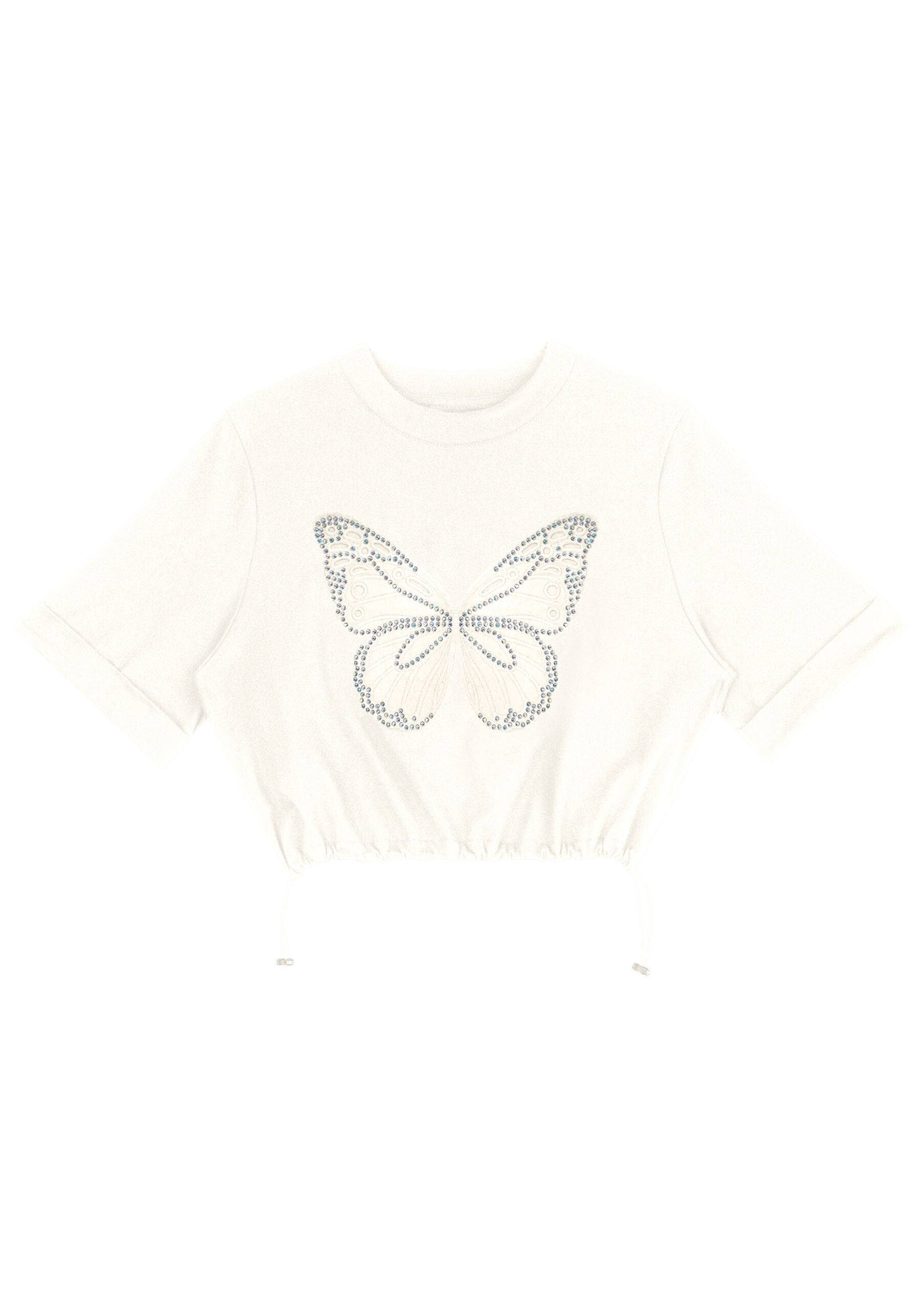 T-shirt Cropped com Regulador e Bordado Borboleta, BRANCO OFF WHITE. T-shirt Cropped com Regulador e Bordado Borboleta, BRANCO OFF WHITE, large.