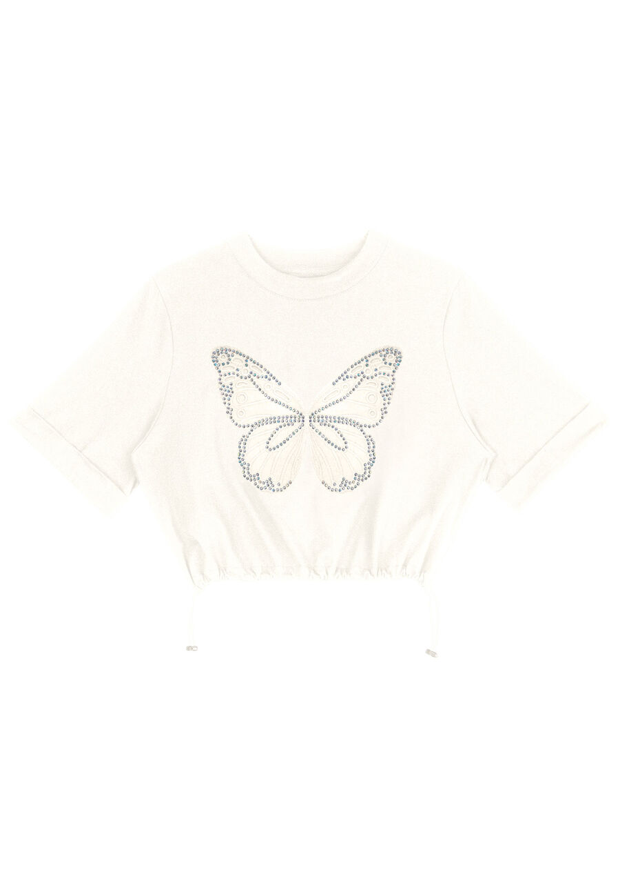 T-shirt Cropped com Regulador e Bordado Borboleta, BRANCO OFF WHITE, large.