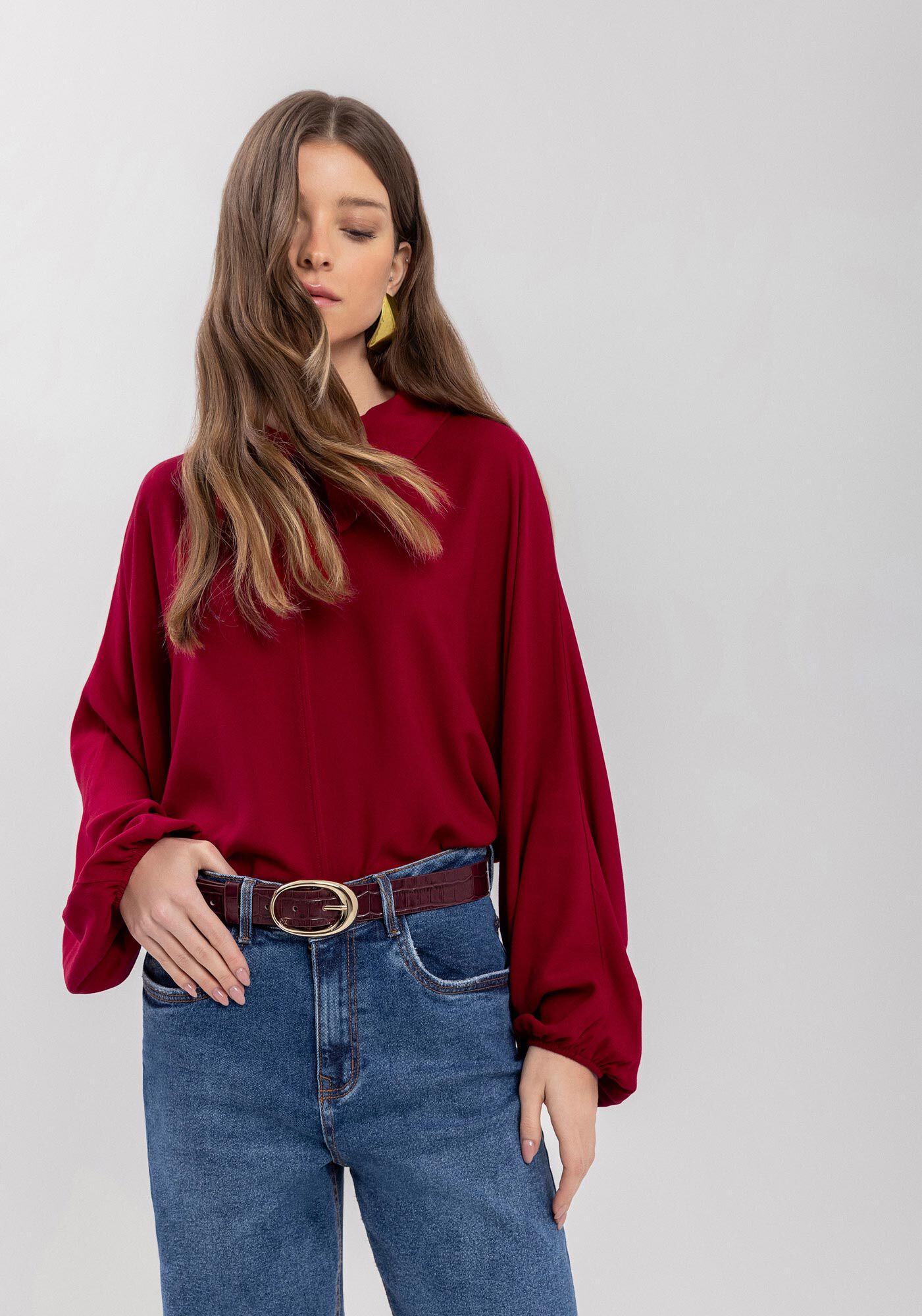 Blusa Em Crepe De Viscose Com Mangas Amplas E Gola Camisa, , large.