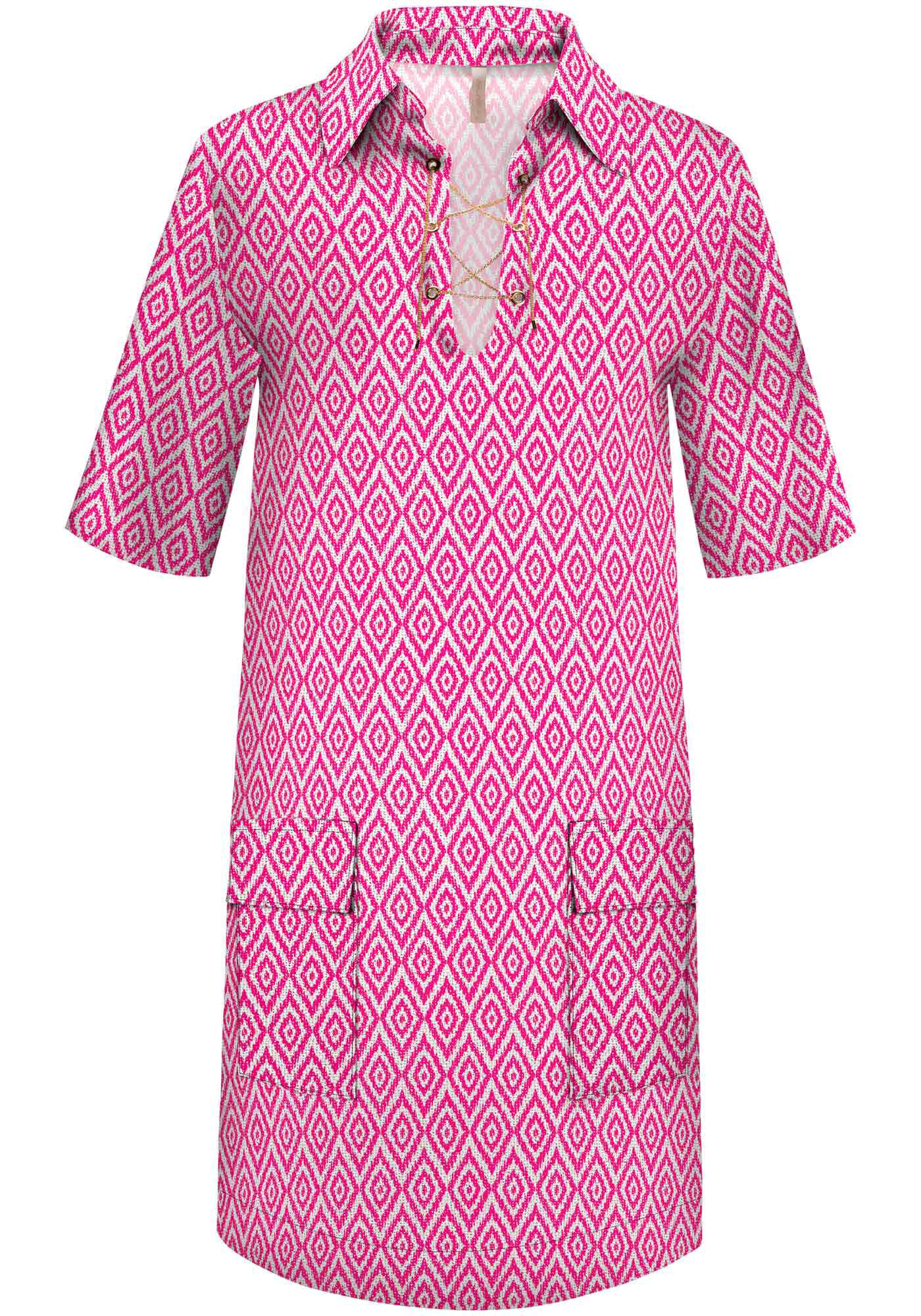 Vestido Curto Estampado em Linho com Corrente Metal, , large.