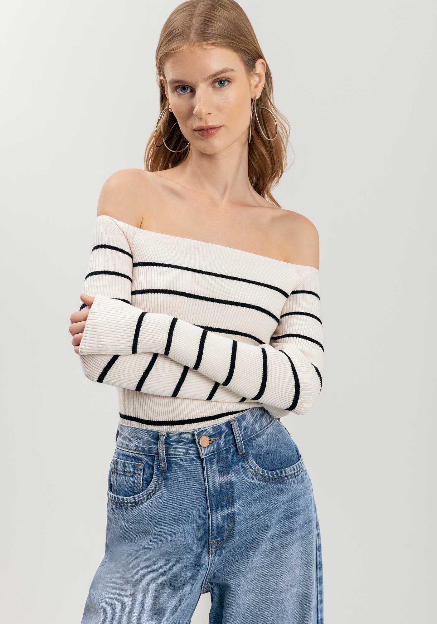 Blusa Ombro A Ombro De Mangas Longas Em Tric&ocirc;, , large.