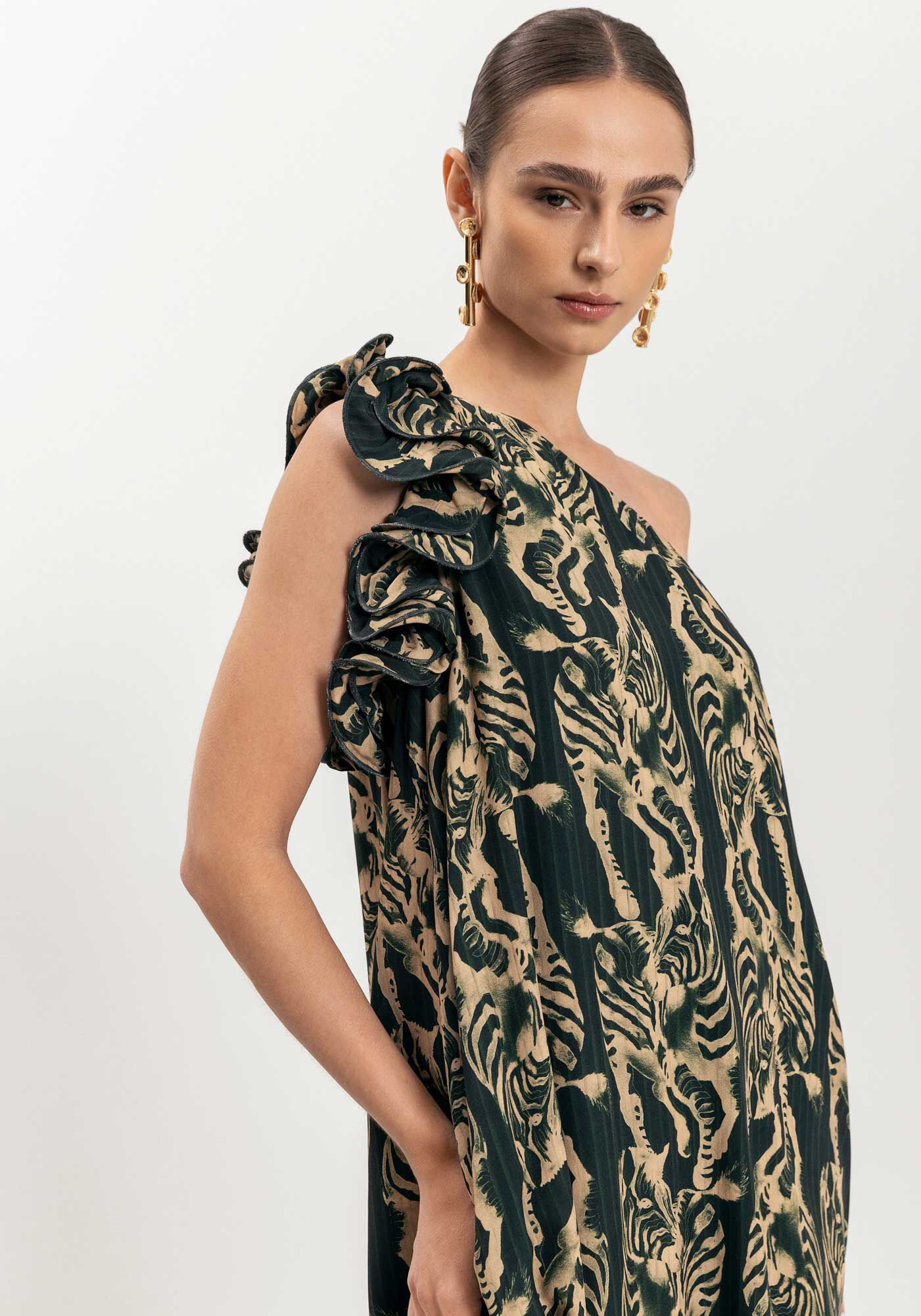 Vestido Longo Um Ombro S&oacute; Estampado Com Babados, , large.