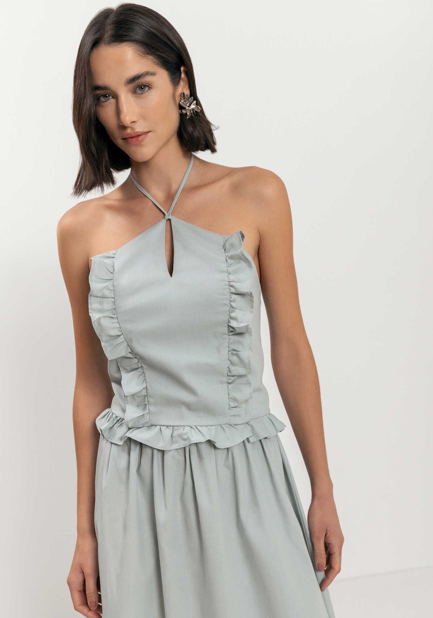 Blusa Curta Frente &Uacute;nica Com Babados E Recorte, , large.