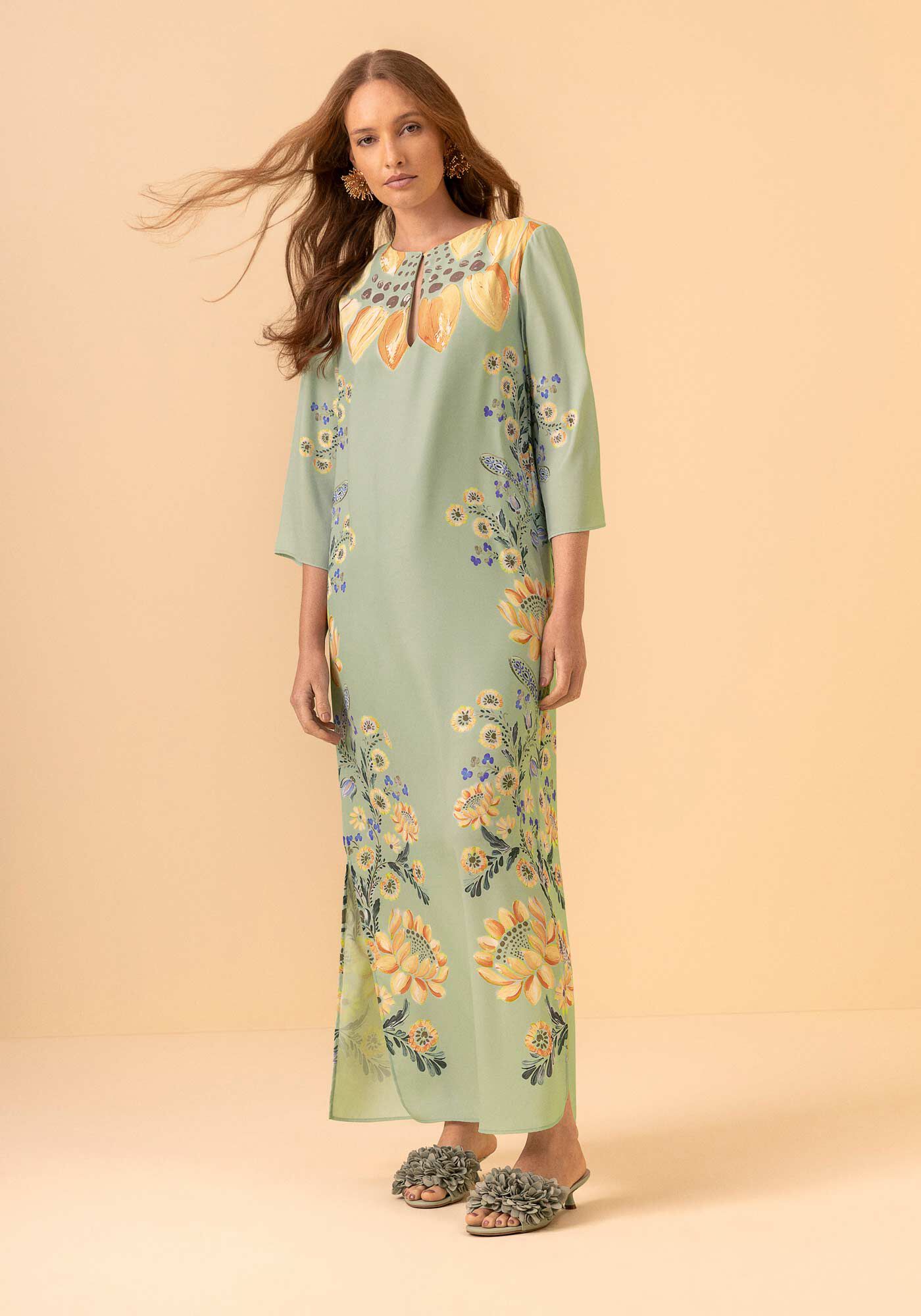 Vestido Ch&aacute; De Mangas Curtas Estampado Com Recorte No Decote, VERDE SPA, large.