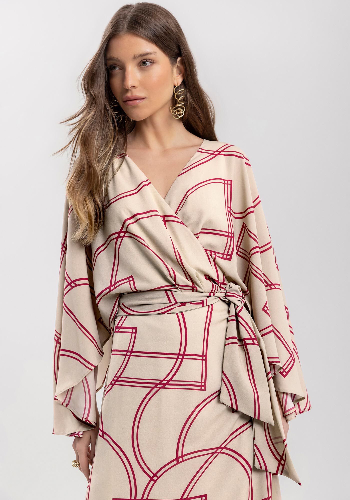 Vestido Estampado Midi Ch&aacute; De Mangas Amplas Com Faixa, MOVEMENT BEGE, large.