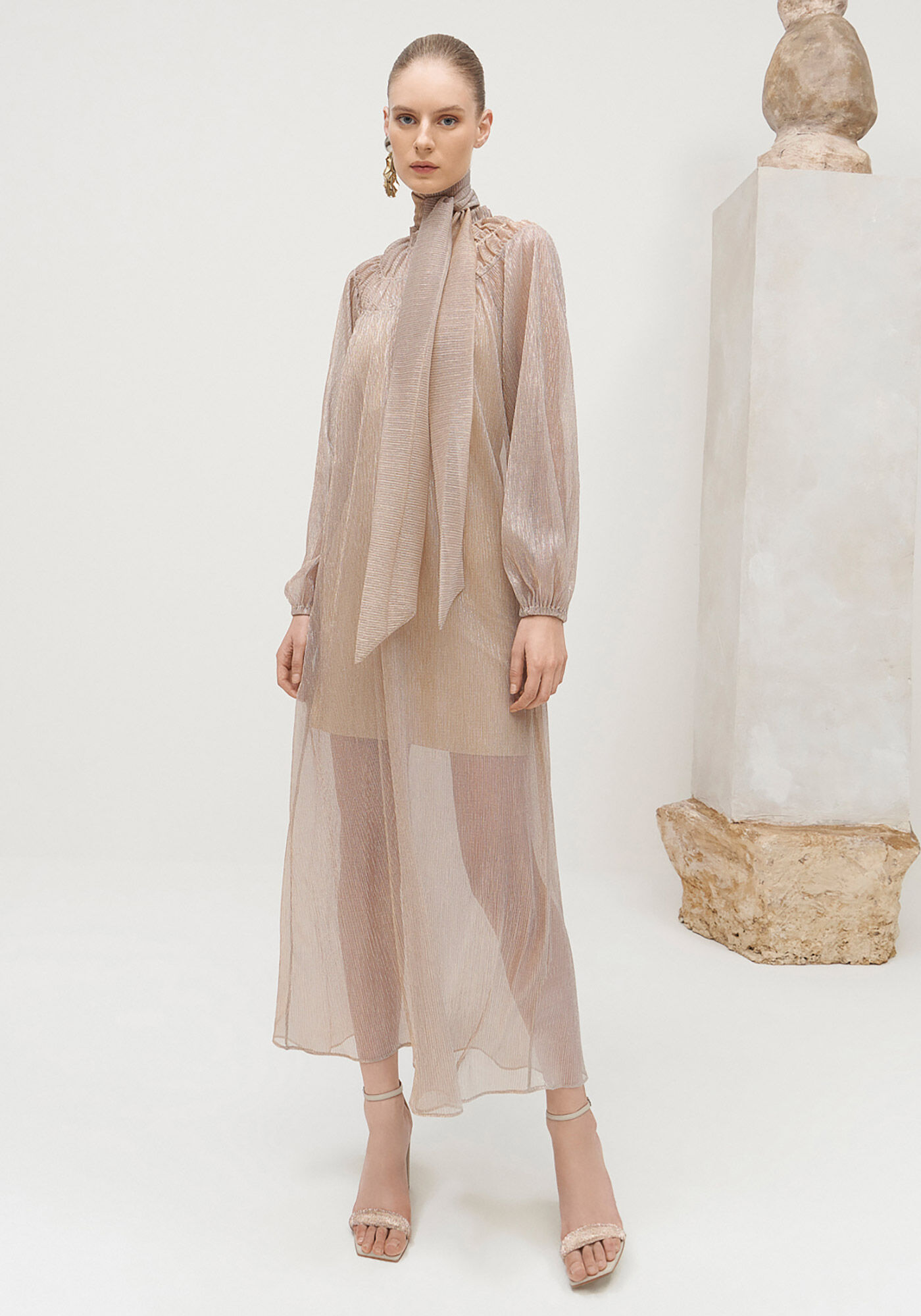 Vestido Midi Manga Longa em Tule Lurex com Cinto, , large.