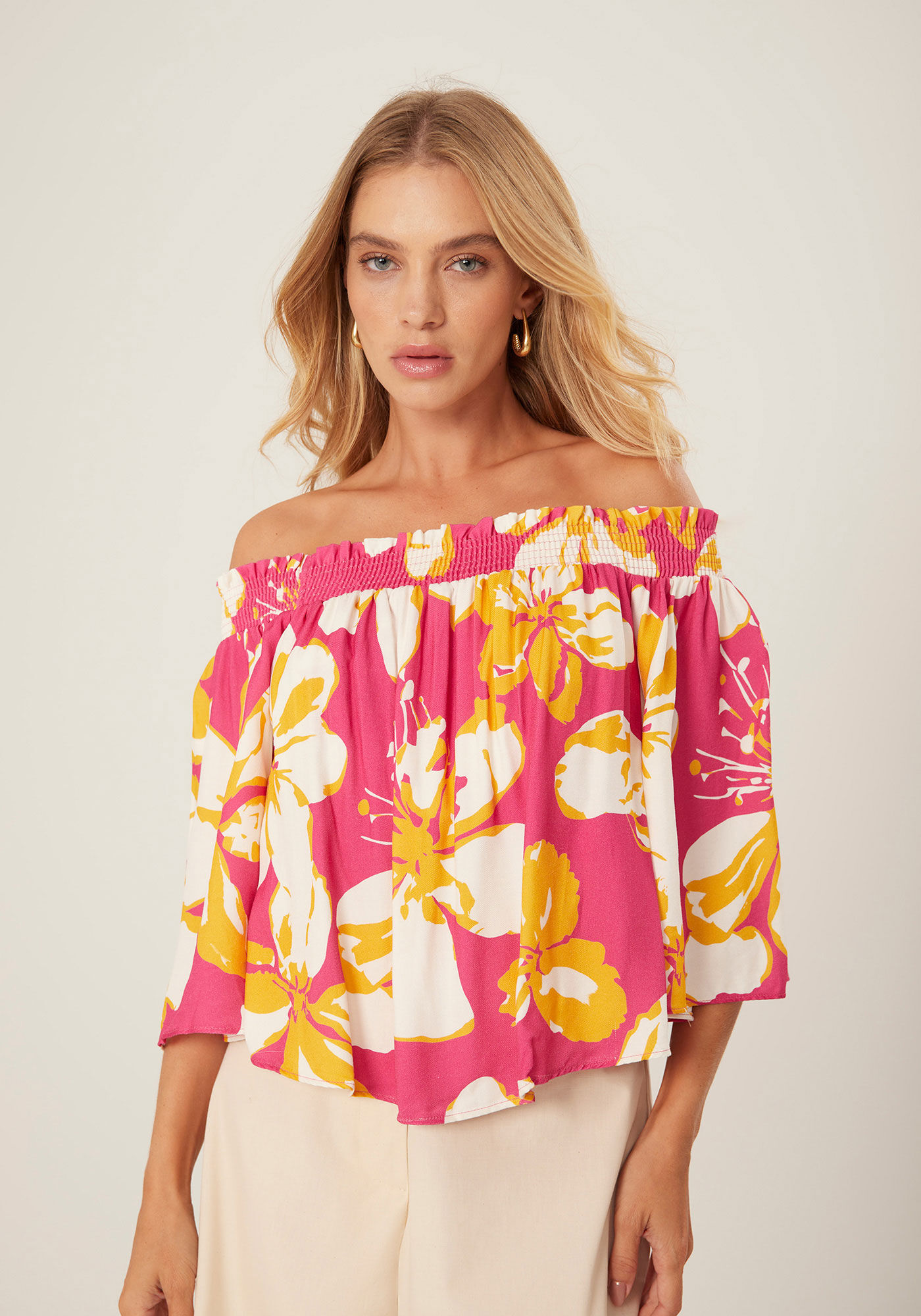 Blusa Ampla em Viscose com Decote Ombro a Ombro Lastex, , large.