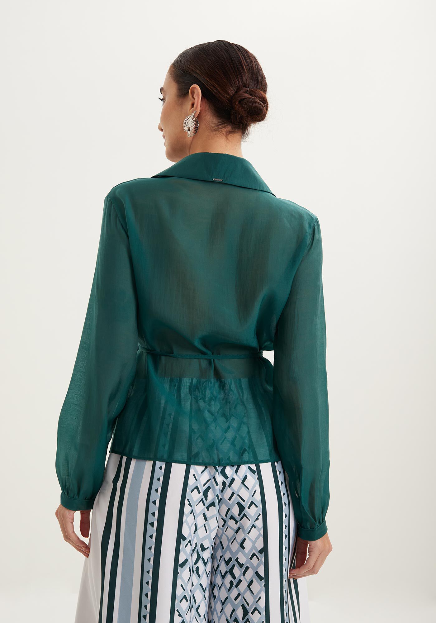 Camisa De Mangas Longas Com Transpar&ecirc;ncia E Amarra&ccedil;&atilde;o, , large.