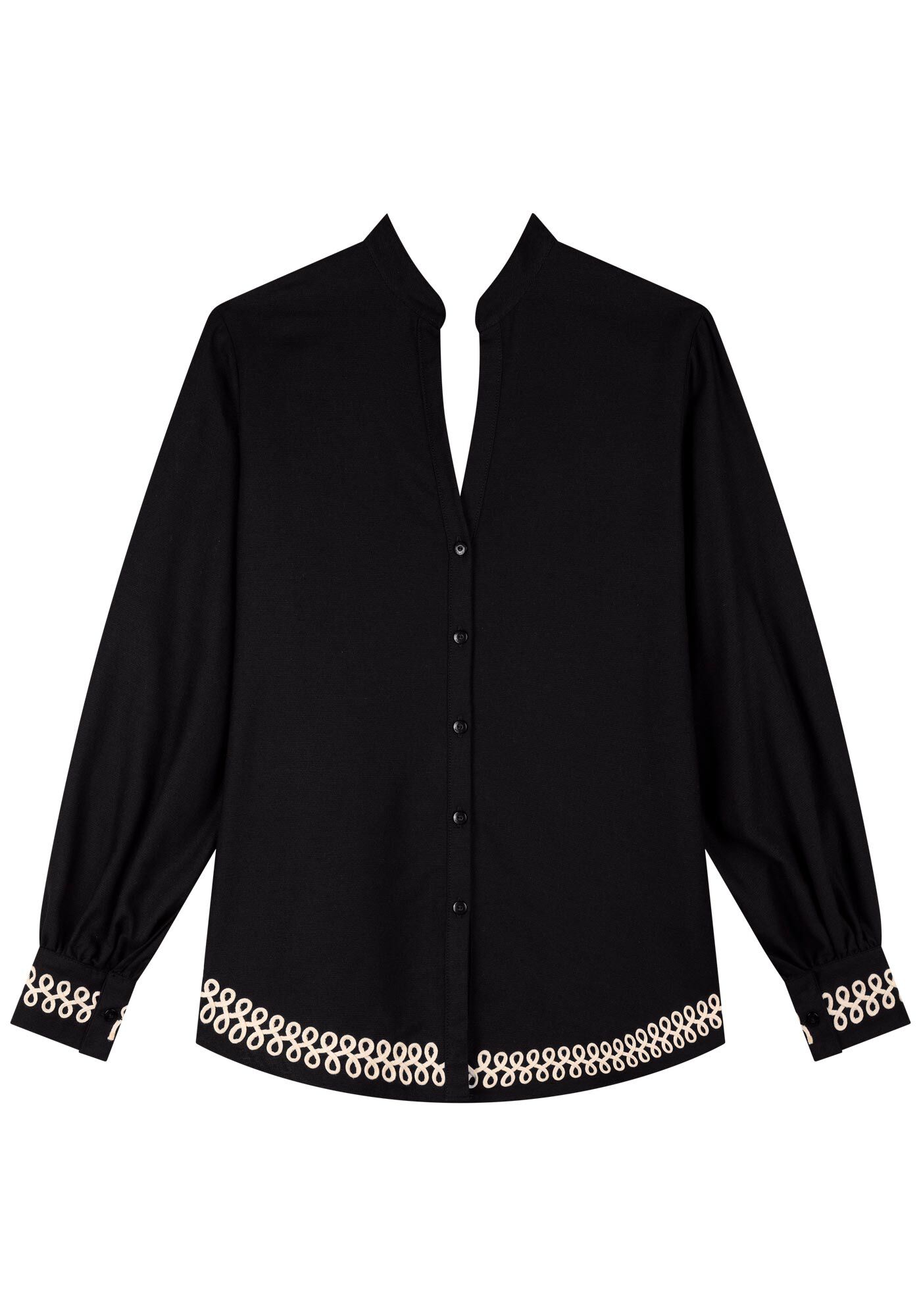 Camisa Alongada Com Mangas Amplas E Bordados Em Alto Relevo, PRETO, large.