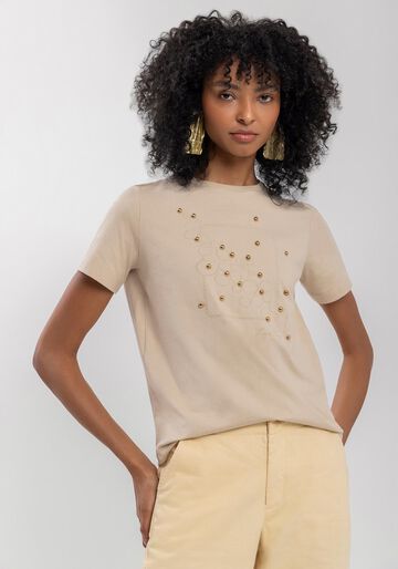 Blusa Em Algodão Com Mangas Curtas E Apliques Metalizados, BEGE CENTURY. Blusa Em Algodão Com Mangas Curtas E Apliques Metalizados, BEGE CENTURY, large.