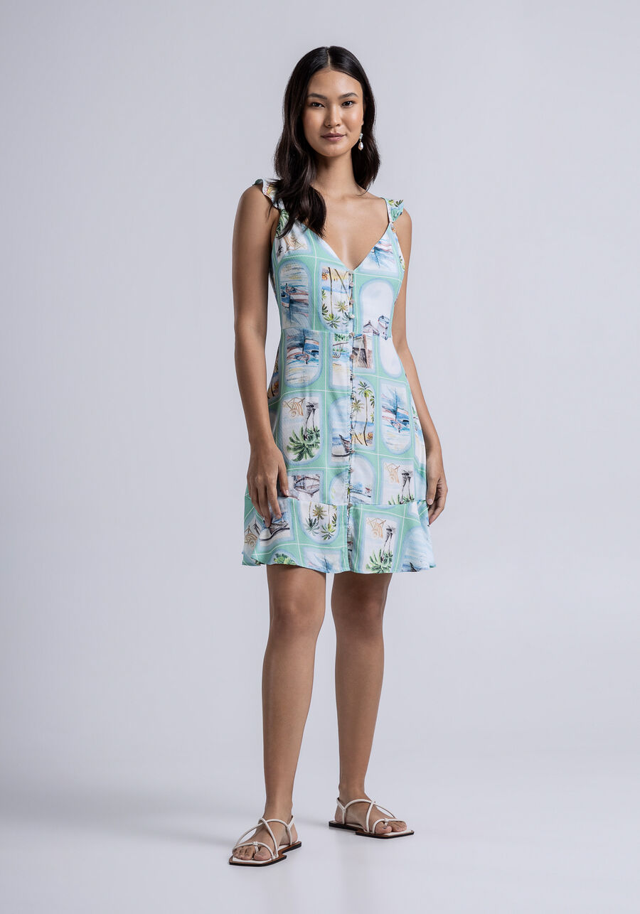 Vestido Curto Estampado em Viscose com Botões, VISTA. Vestido Curto Estampado em Viscose com Botões, VISTA, large.
