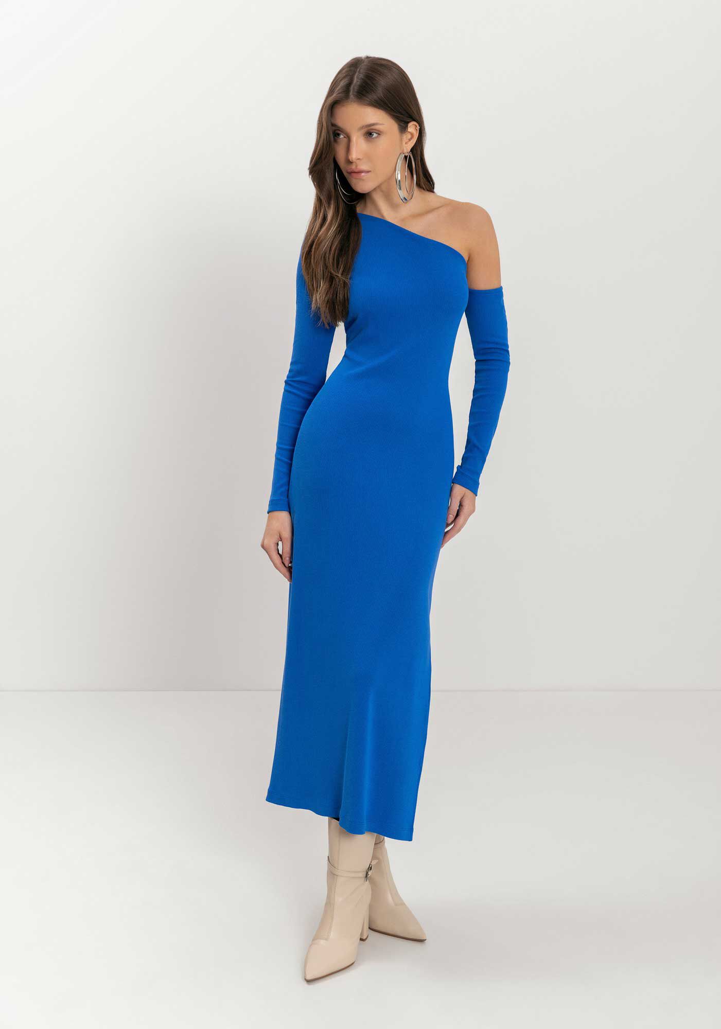 Vestido Um Ombro S&oacute; Ch&aacute; Em Malha Canelada, , large.