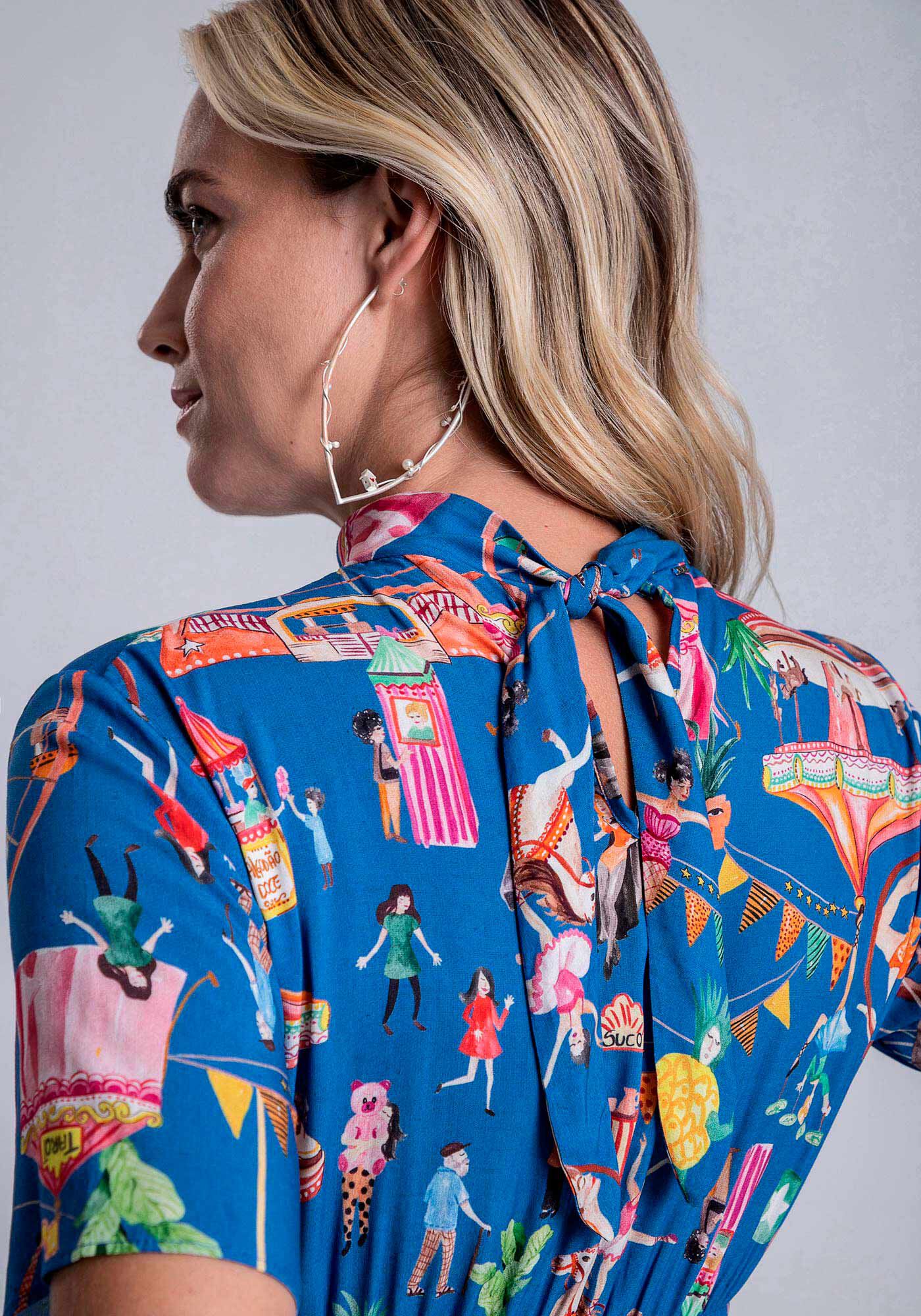 Vestido Midi Estampado em Viscose com Gola La&ccedil;o, , large.