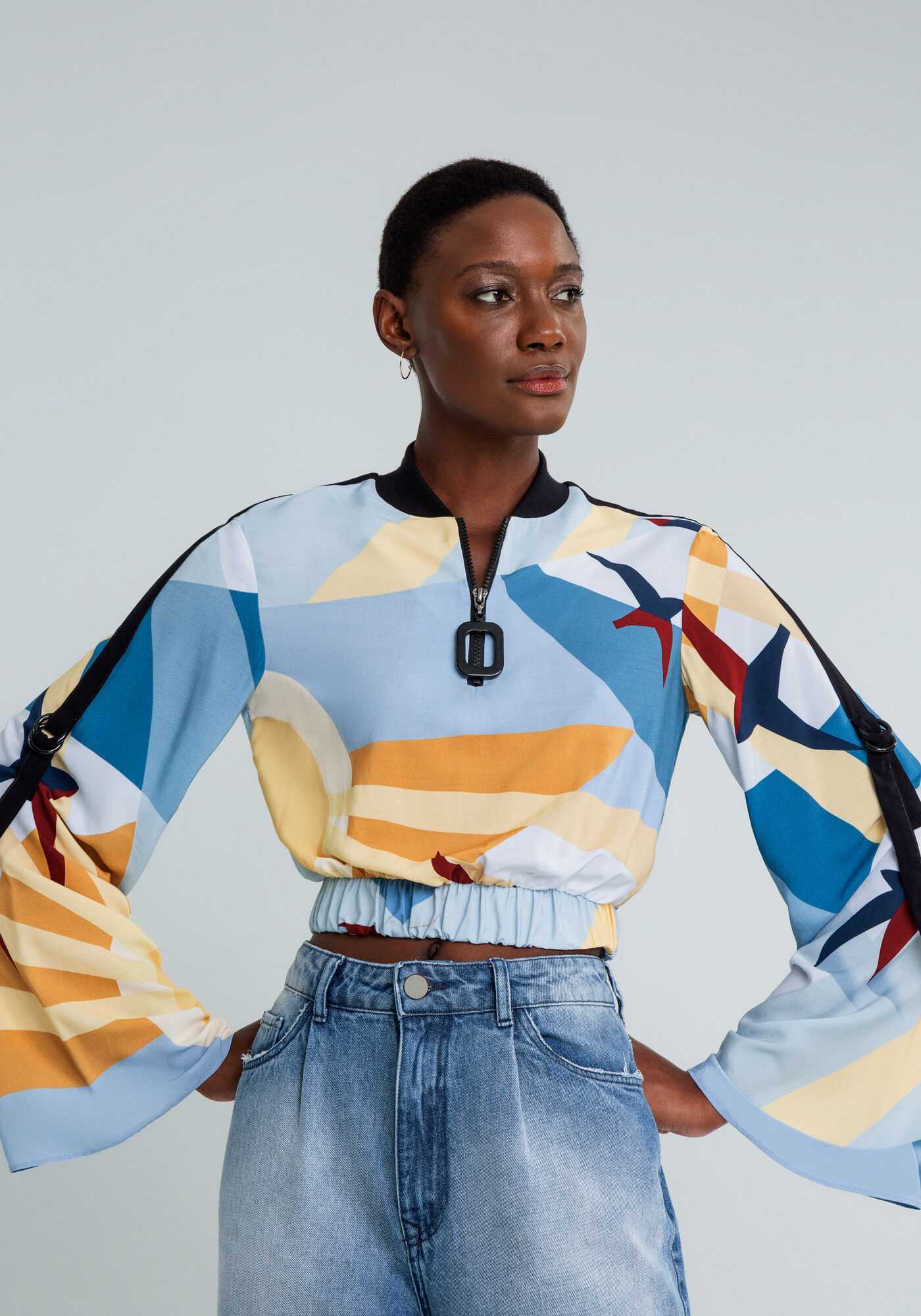 Blusa Cropped Manga Sino Estampa, , large.