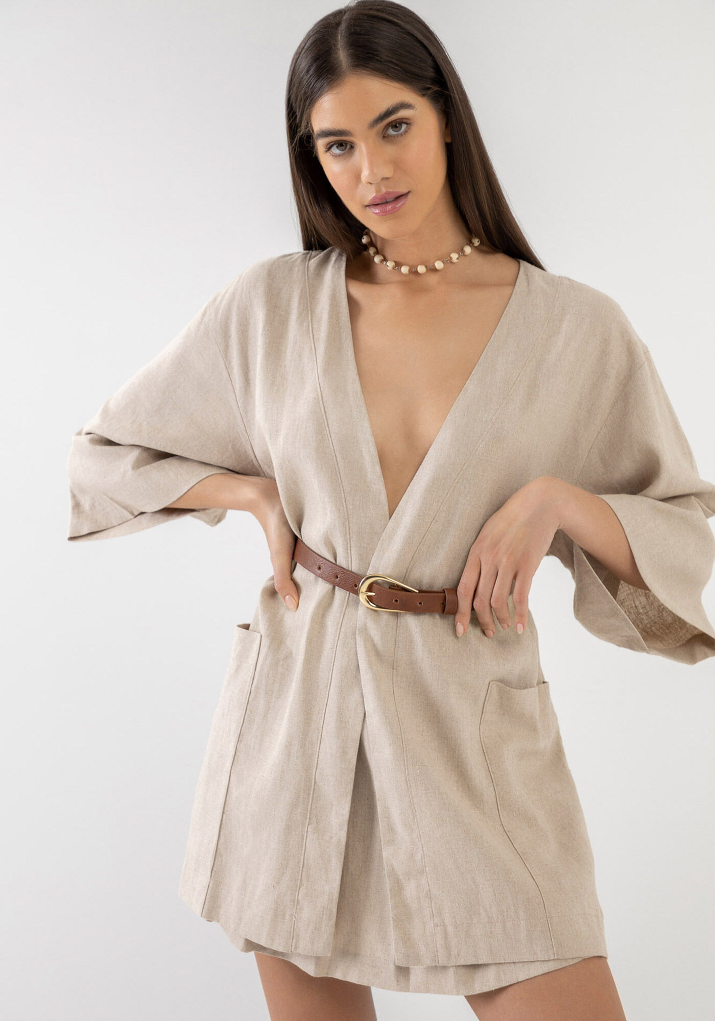 Kimono Alongado em Linho com Bolsos, , large.