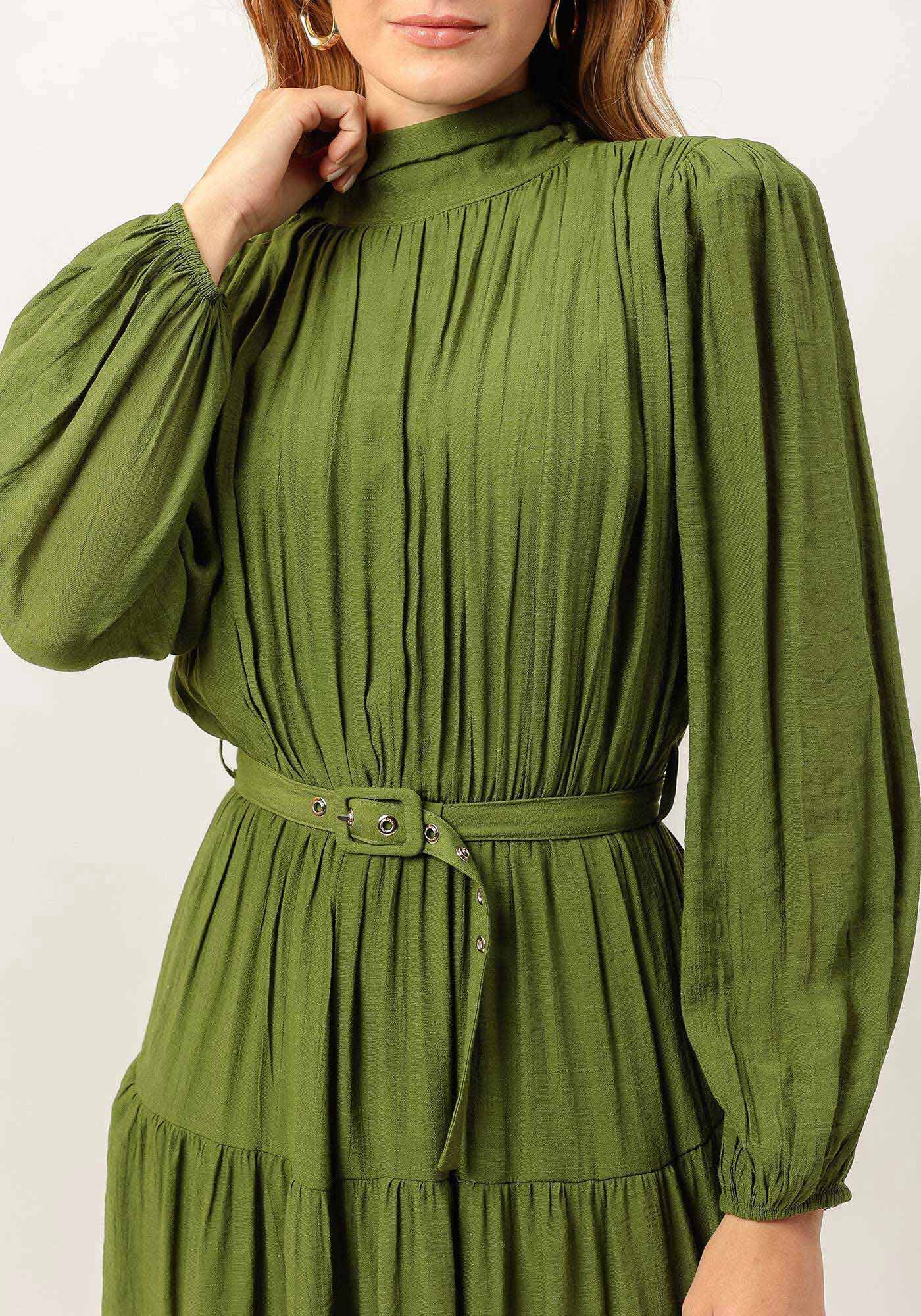 Vestido Longo Gola Alta em Shantung com Cinto, , large.