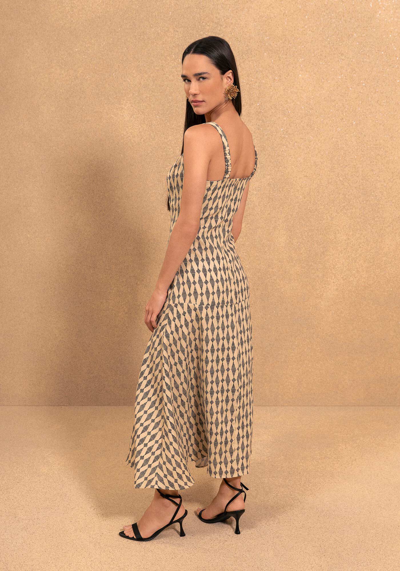 Vestido Estampado De Al&ccedil;as Ch&aacute; Com Decote em V, CORDOES BEGE, large.