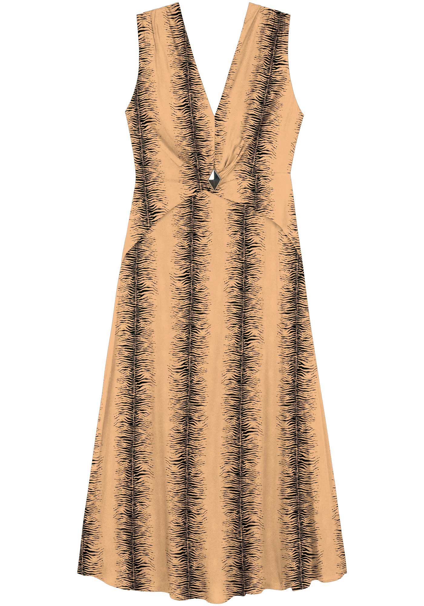 Vestido Longo Estampado Com Decote Em V E Enfeite, , large.