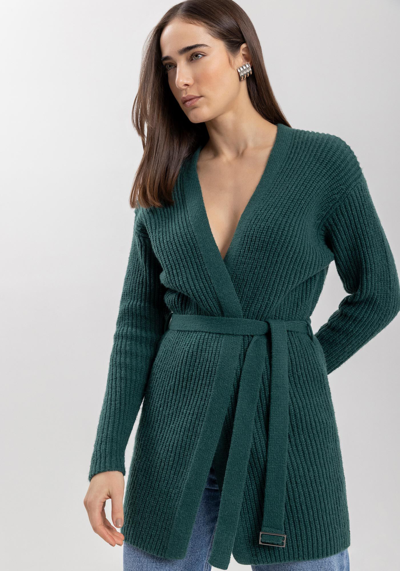 Cardigan Alongado Em Tric&ocirc; Com Cinto Afivelado, , large.