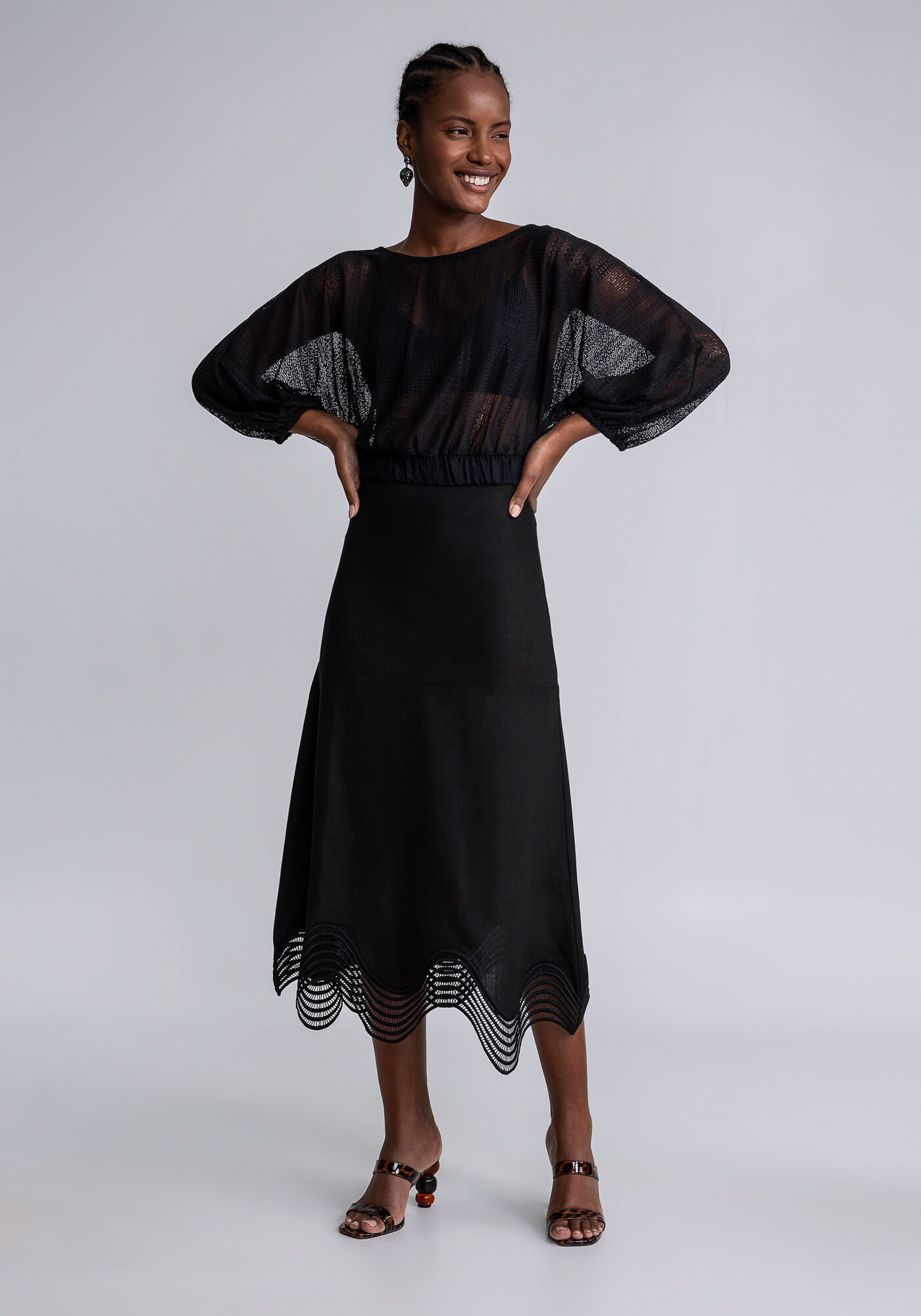 Blusa Manga 3/4 Bufante Renda, PRETO, large.