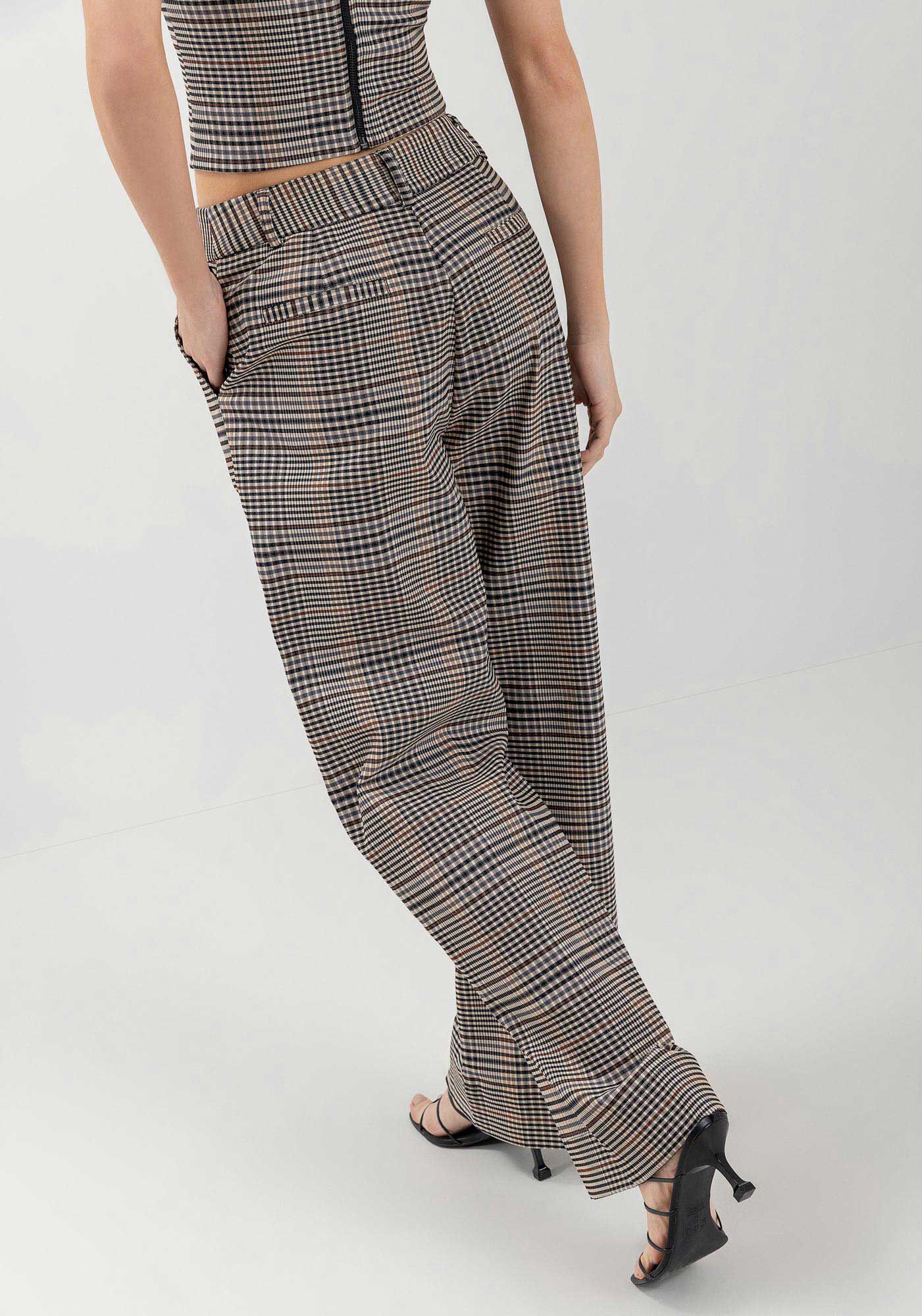 Cal&ccedil;a Reta Xadrez Com Cintura Alta E Bolsos Funcionais, BEGE CENTURY, large.