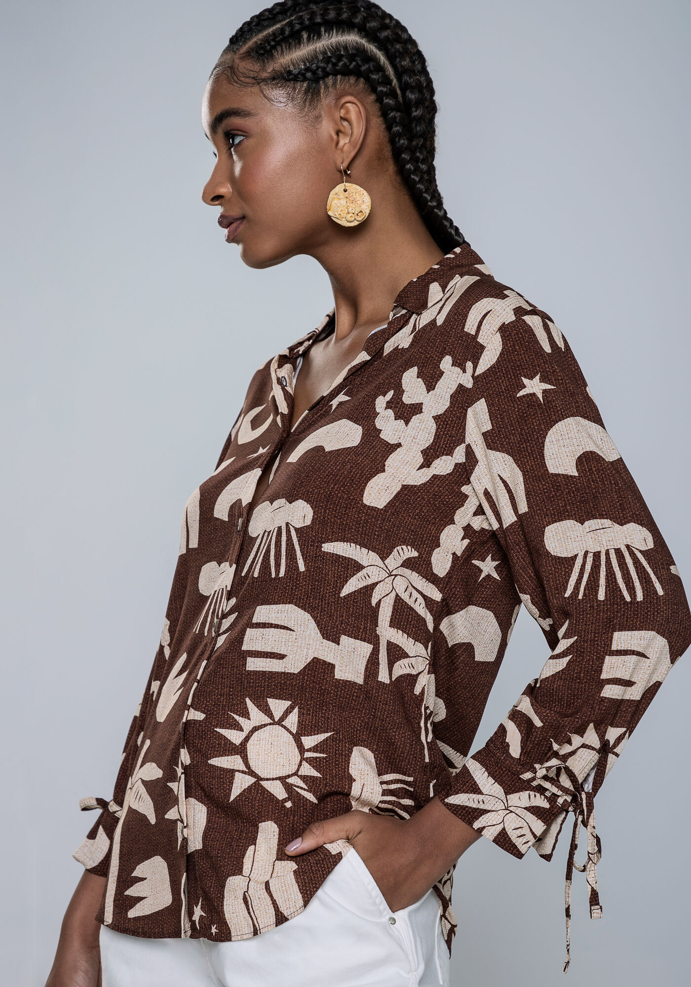 Camisa Mangas 3/4 em Viscose Estampada, CATIMBAU, large.