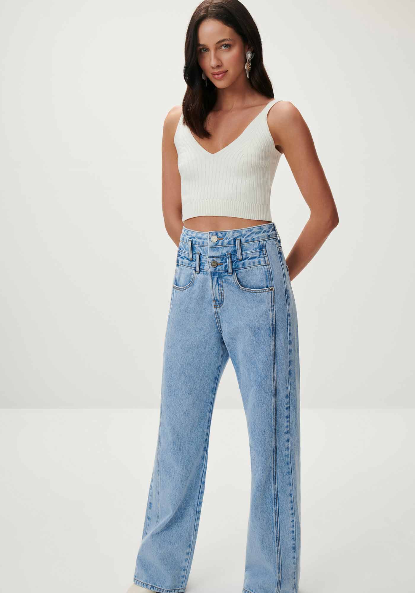 Cal&ccedil;a Jeans Wide Leg Super Alta com C&oacute;s Duplo, , large.