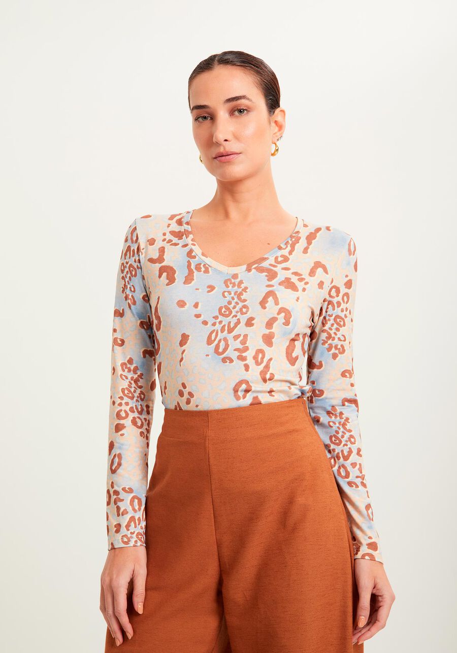 Blusa Estampada De Mangas Longas Com Decote Em V, . Blusa Estampada De Mangas Longas Com Decote Em V, , large.