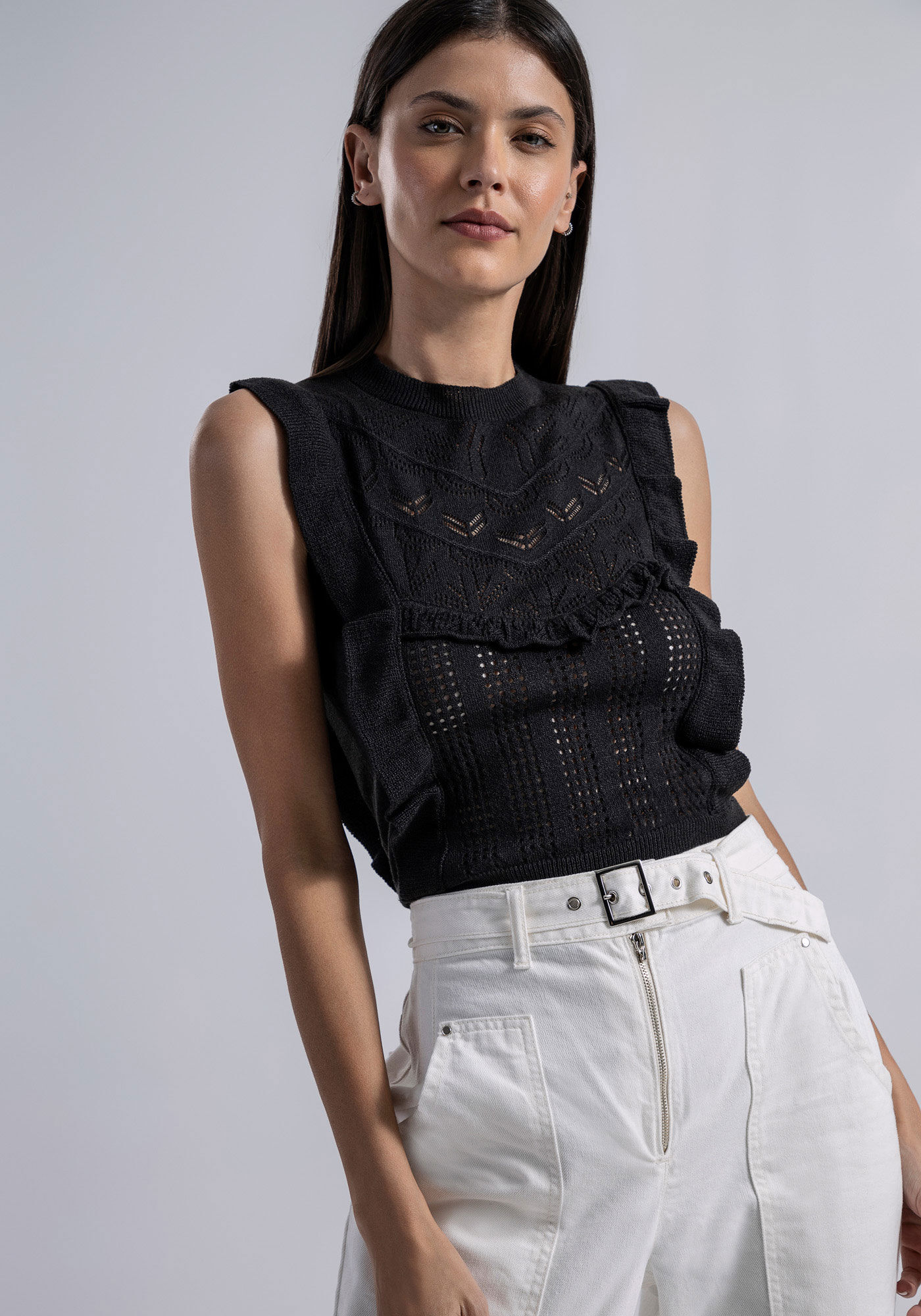 Blusa sem Mangas em Tric&ocirc; com Babados, , large.