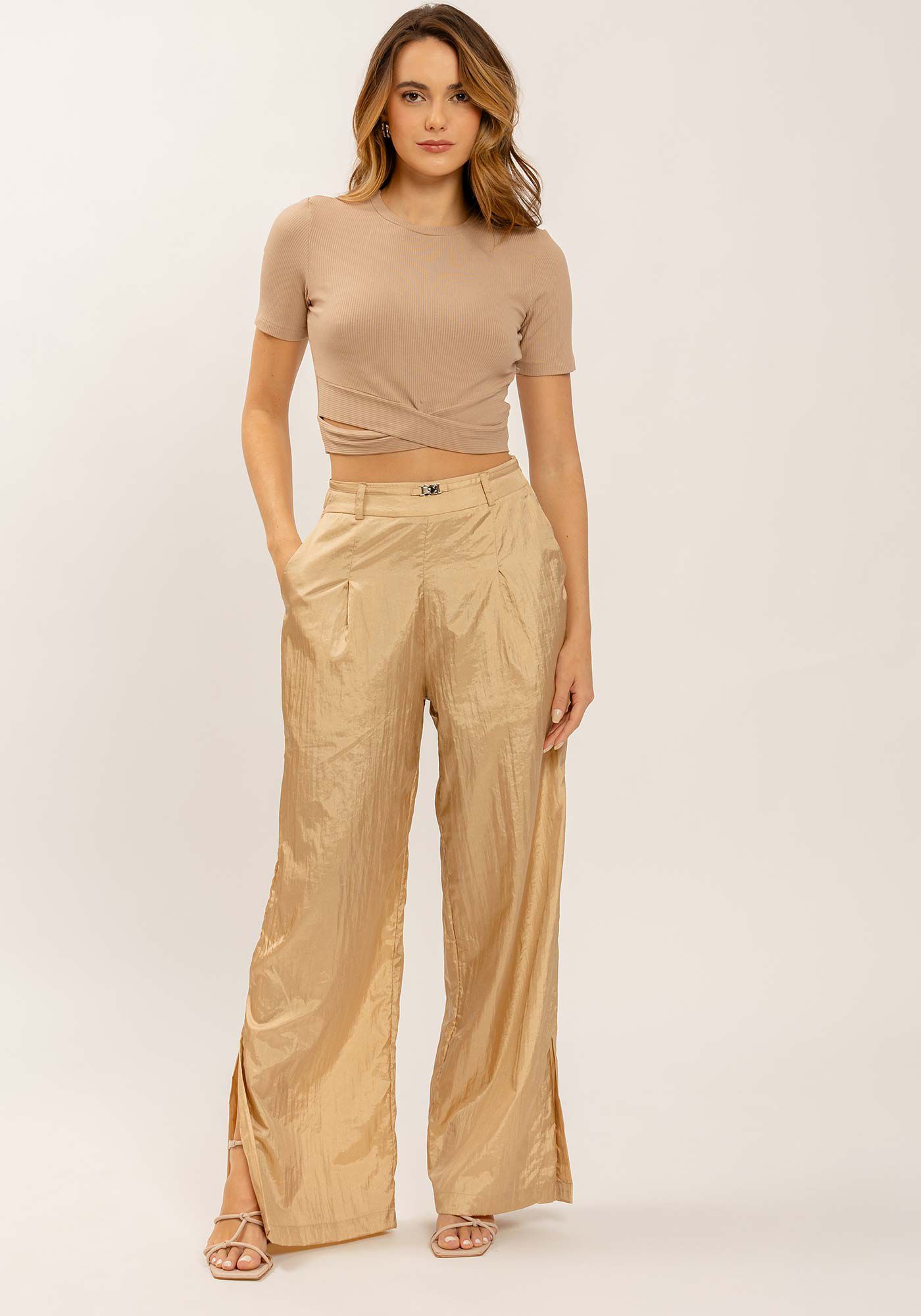 Cal&ccedil;a Reta em Nylon Brilho com Cinto, BEGE CAQUI, large.