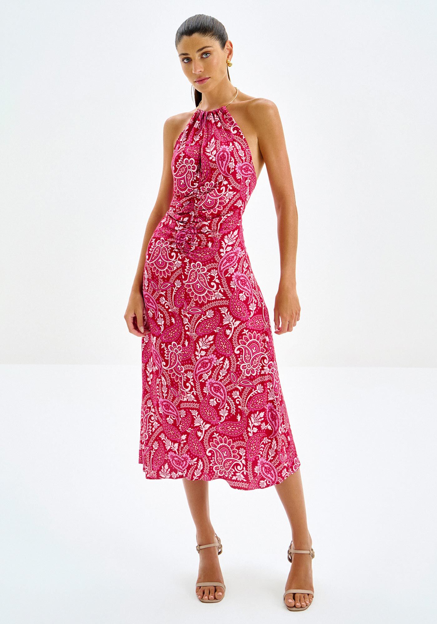 Vestido Midi Estampado com Gargantilha, , large.