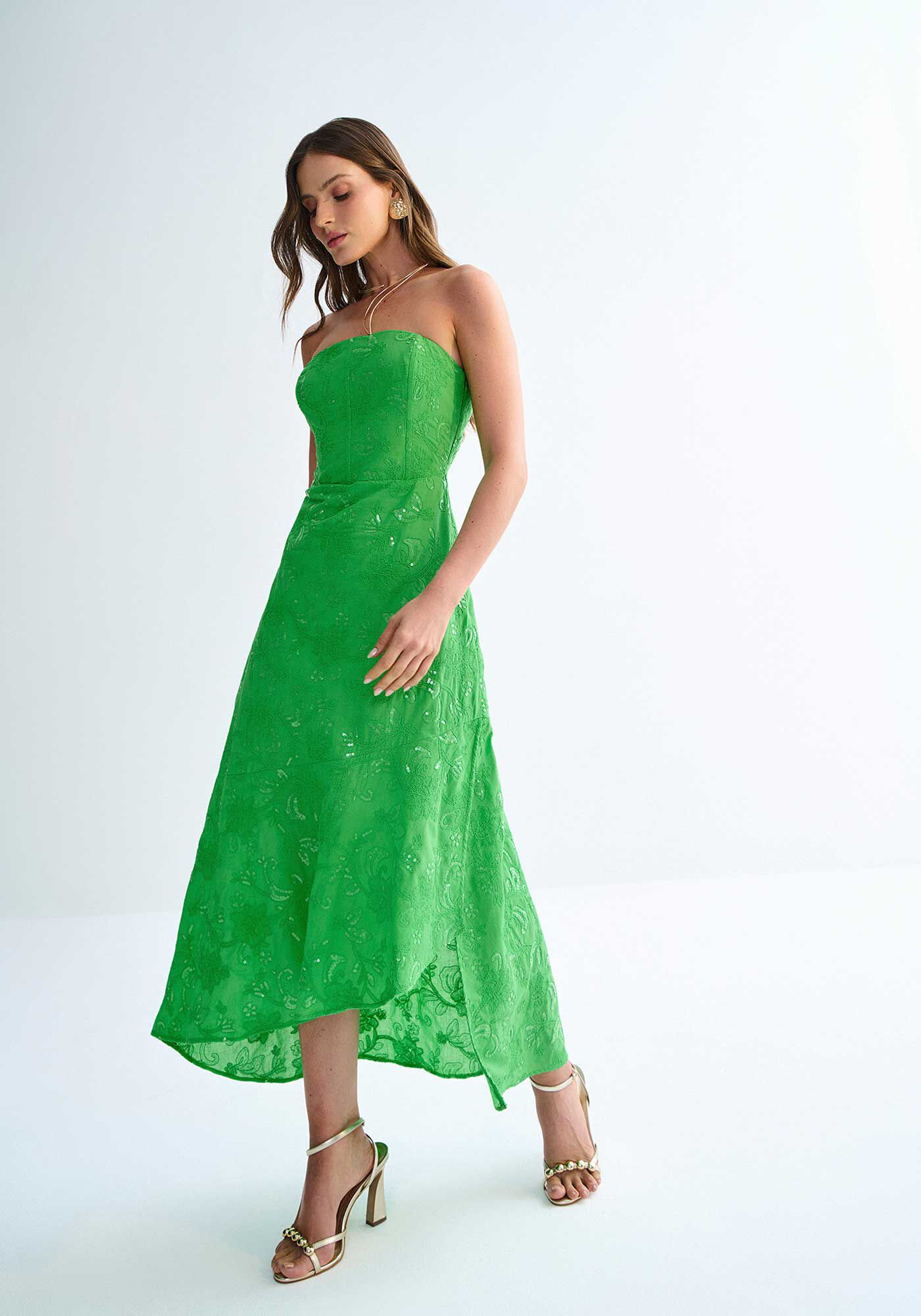 Vestido Midi Tomara que Caia com Bordado Paet&ecirc;s, VERDE MELISSA, large.