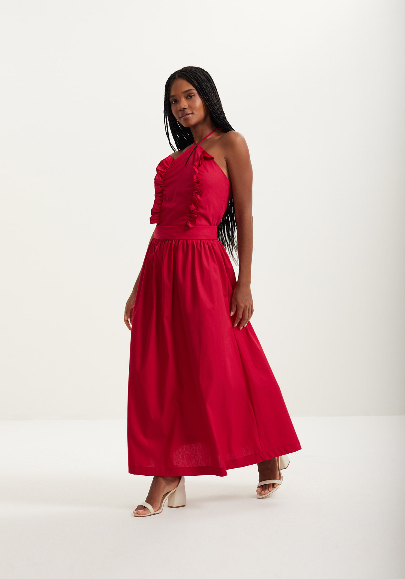 Saia Ch&aacute; Com Cintura Alta Em Tafet&aacute; De Algod&atilde;o, VERMELHO PASSION, large.