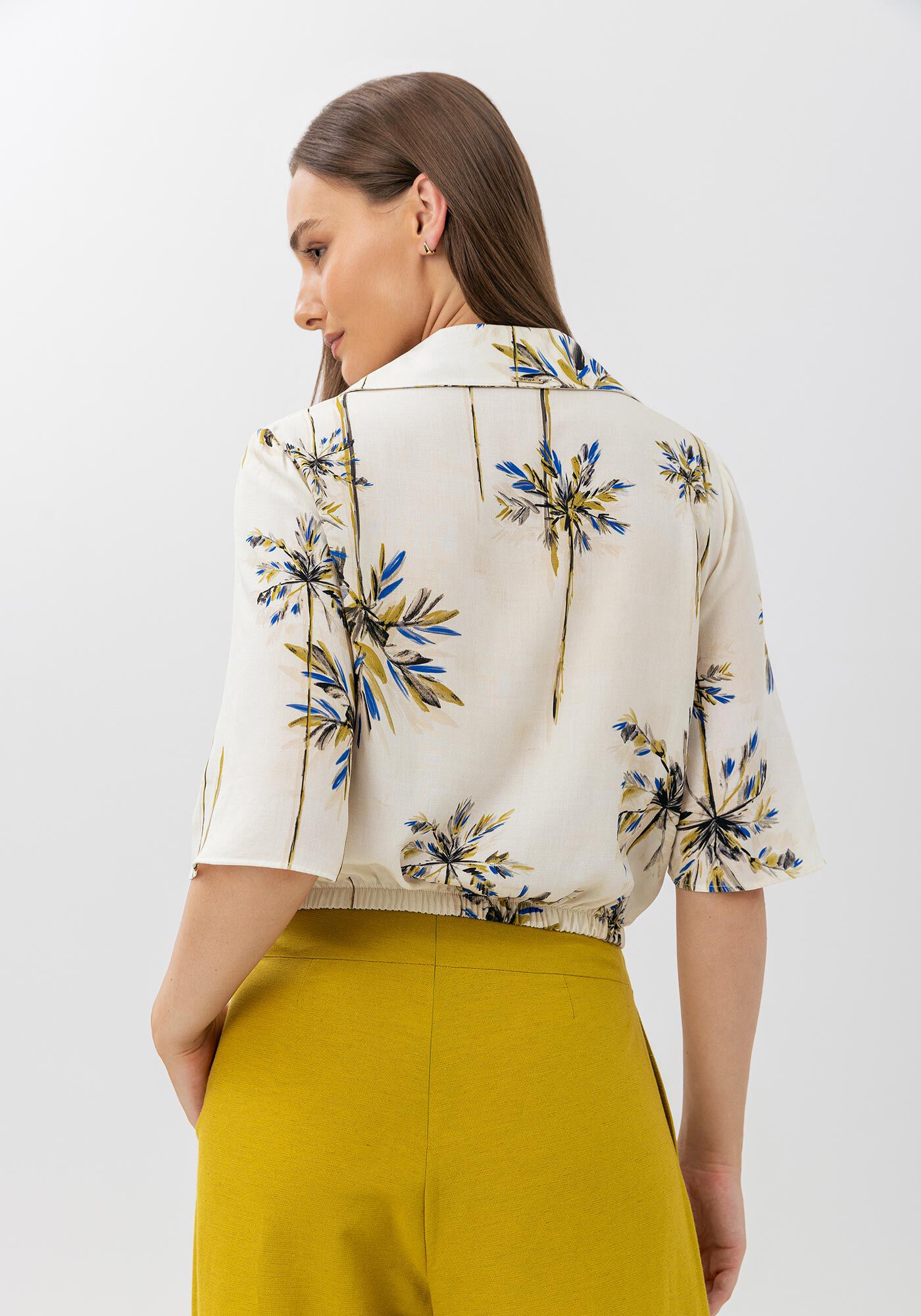 Camisa De Mangas Curtas Estampada Com Bot&otilde;es E Amarra&ccedil;&atilde;o, , large.