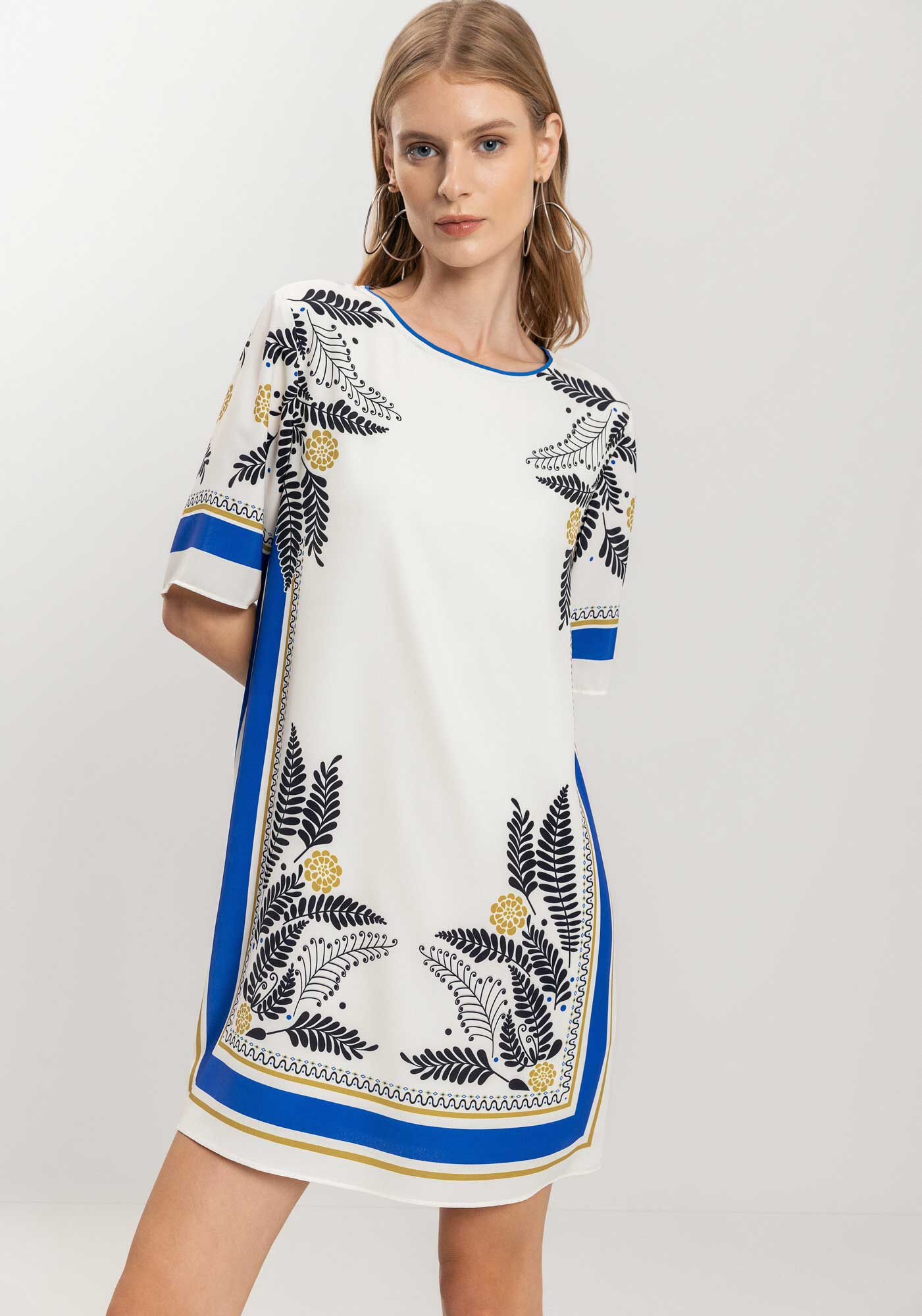 Vestido Curto Estampado De Mangas Curtas Com Decote Redondo, , large.