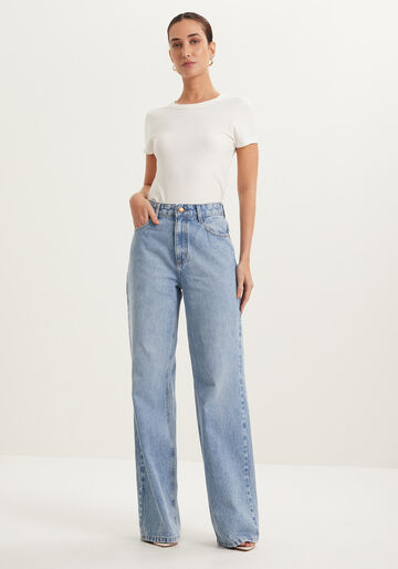 Calça Jeans Wide Leg Com Cintura Alta, JEANS. Calça Jeans Wide Leg Com Cintura Alta, JEANS, large.