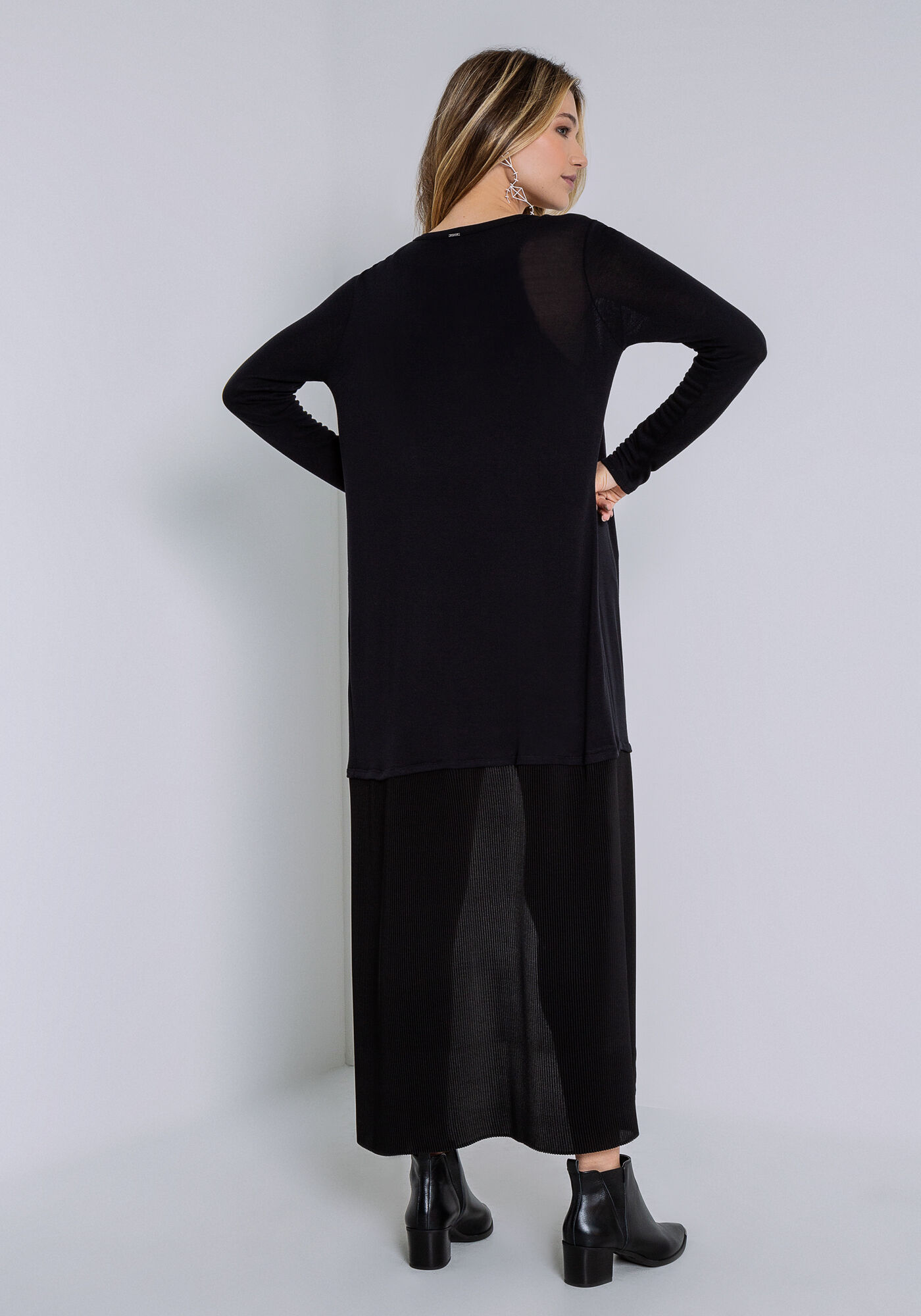 Cardigan Longo em Malha com Recorte Plissado, , large.