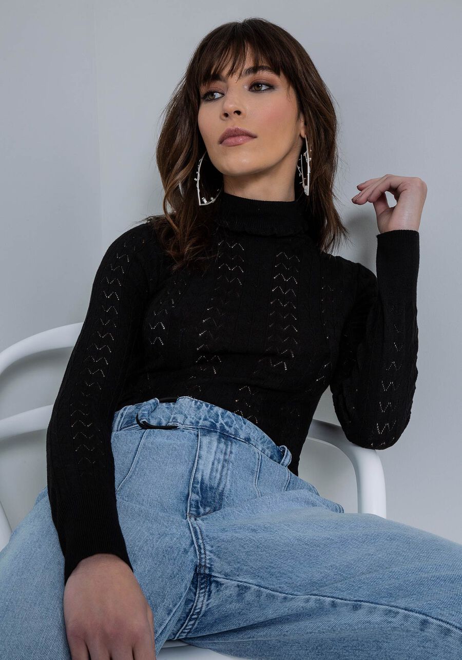 Blusa Manga Longa em Tricô com Gola Alta, PRETO REATIVO. Blusa Manga Longa em Tricô com Gola Alta, PRETO REATIVO, large.